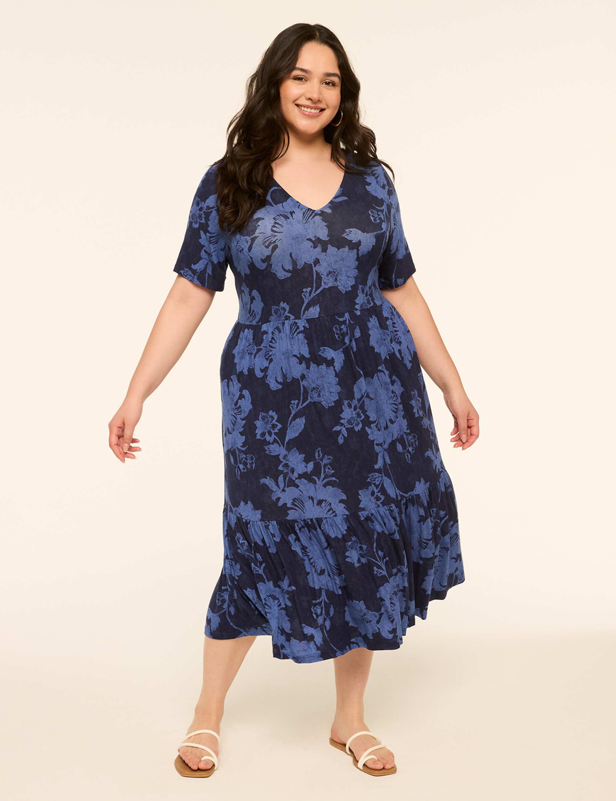Short-Sleeve V-Neck Midi Dress