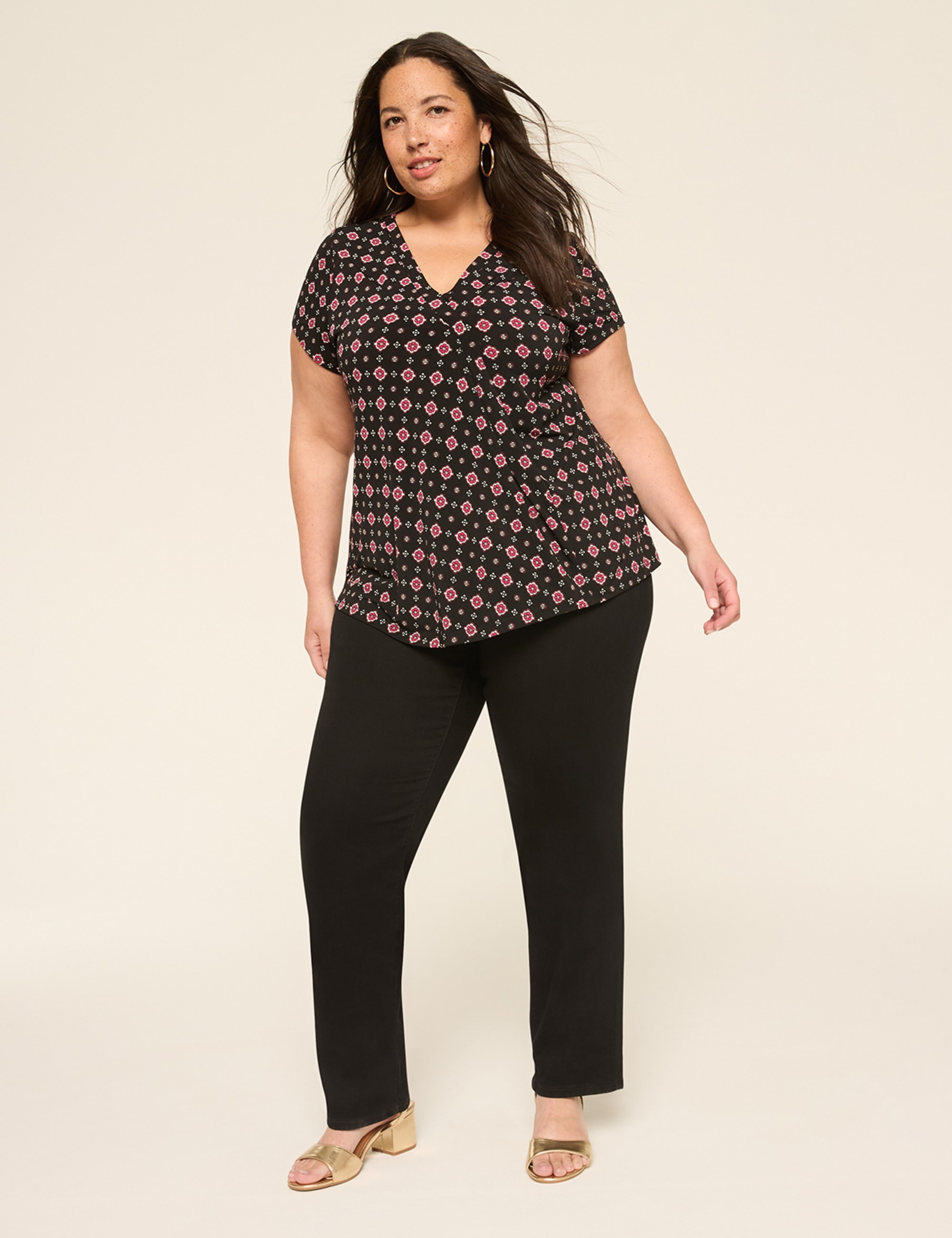 Cap-Sleeve Pleat-Front Top