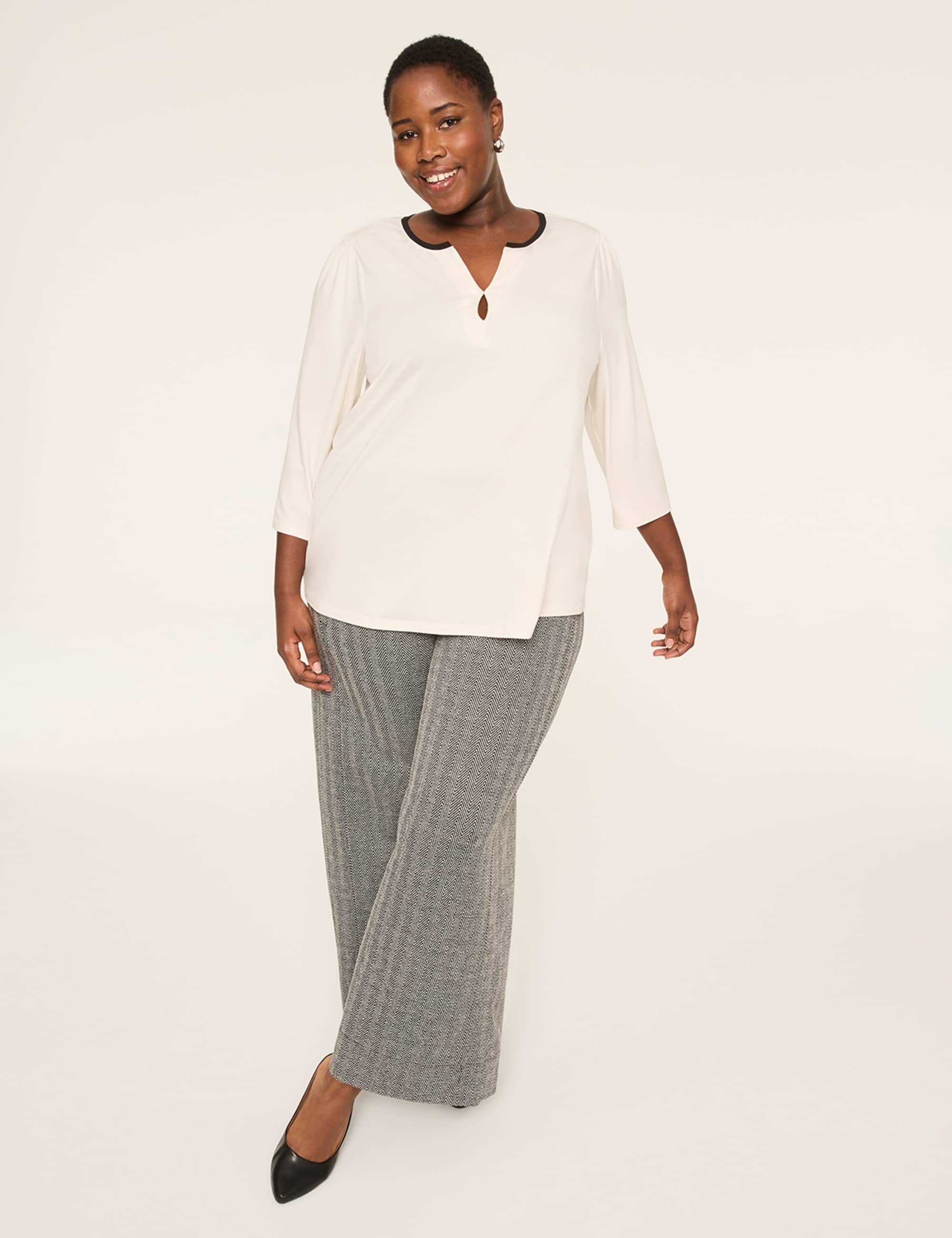 3/4-Sleeve Notch-Neck Keyhole Tee