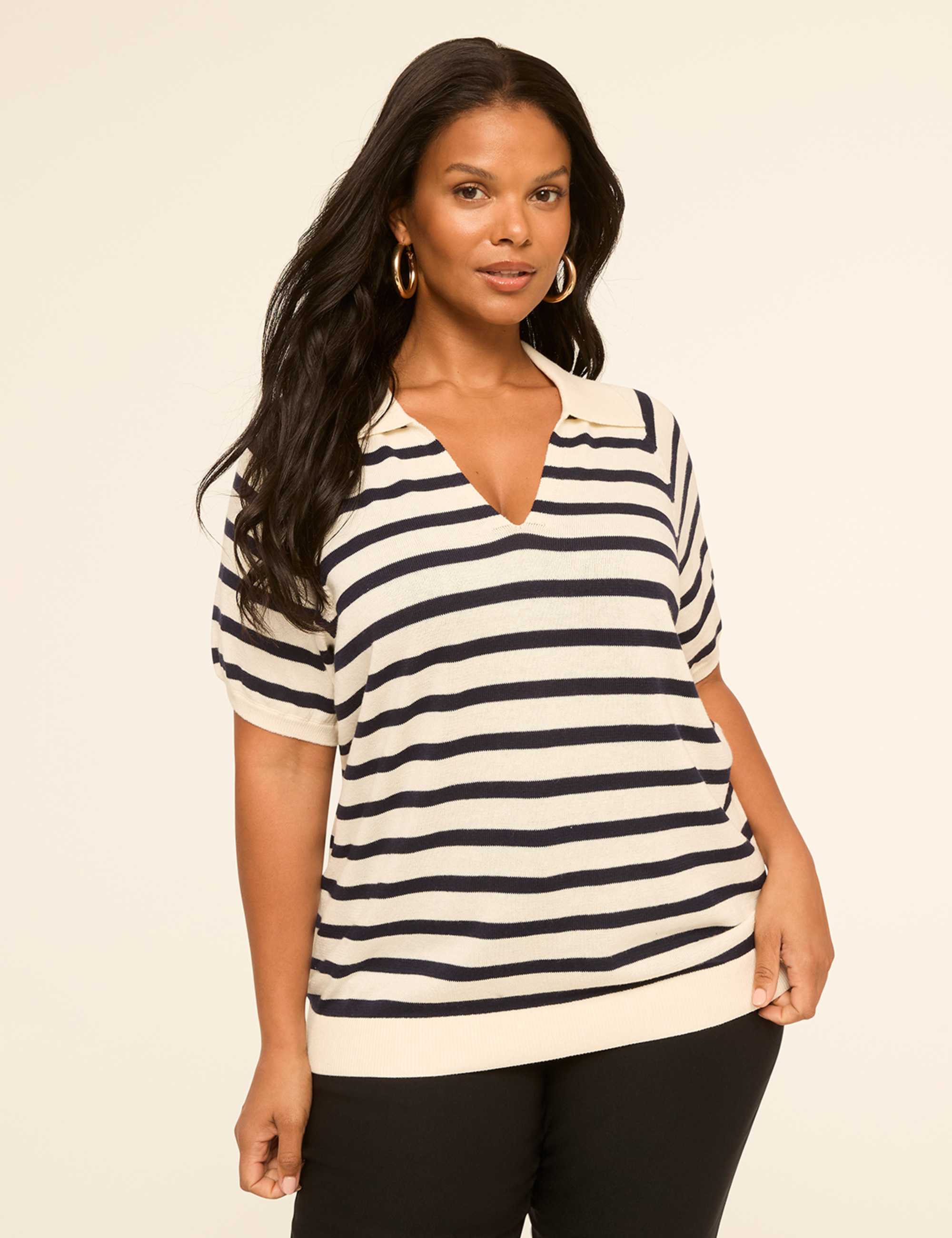 Short-Sleeve Striped Polo Pullover Sweater