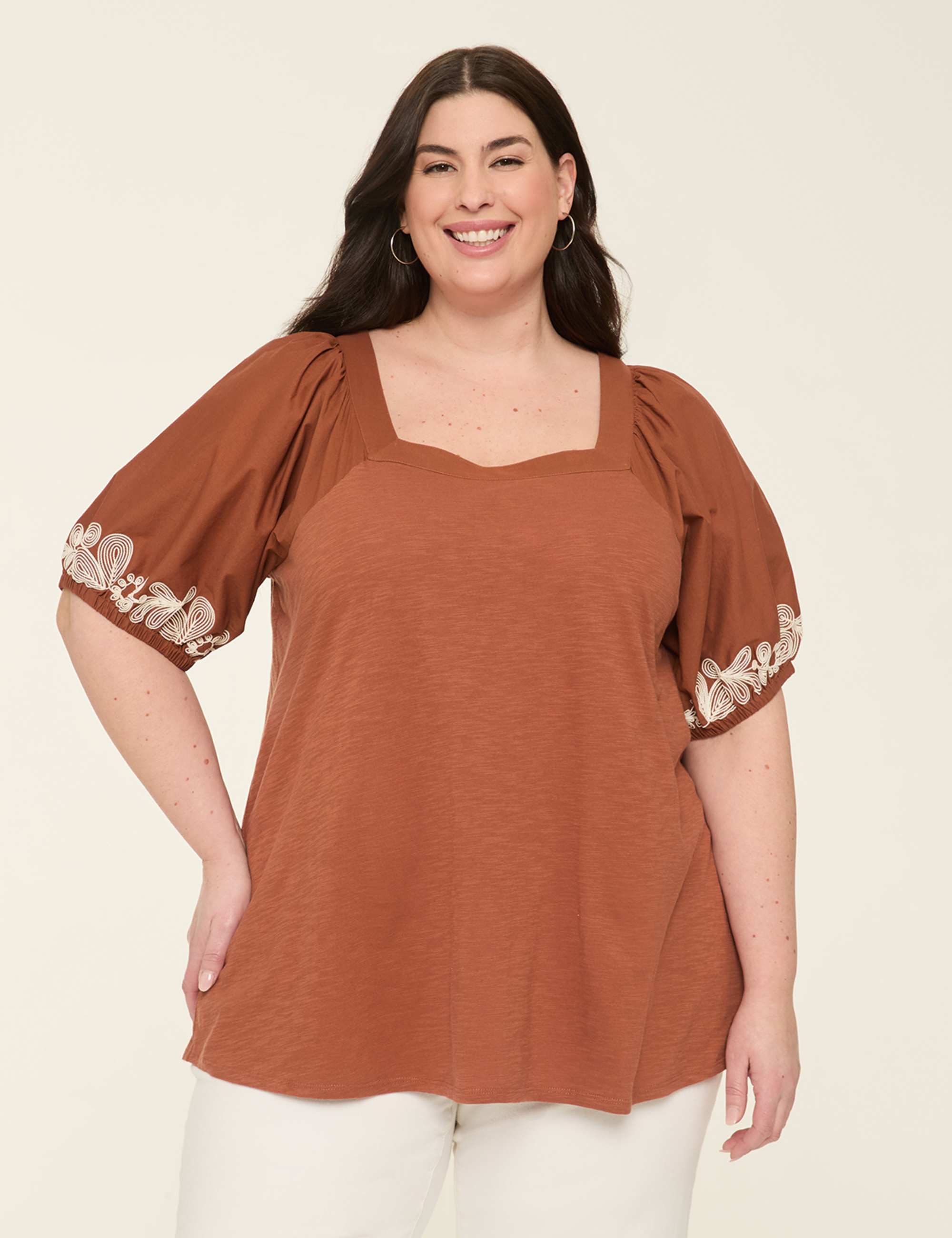 Embroidered Puff-Sleeve Square-Neck Top