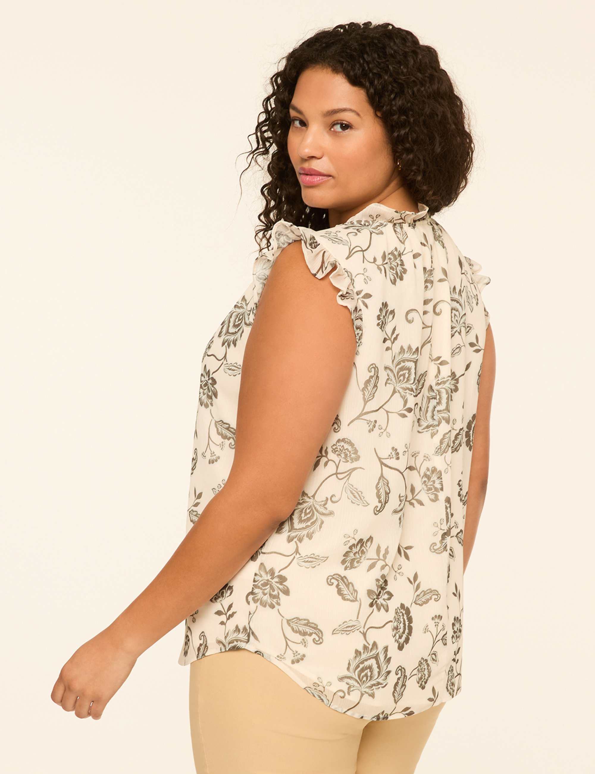 Ruffle-Sleeve Split-Neck Popover Blouse