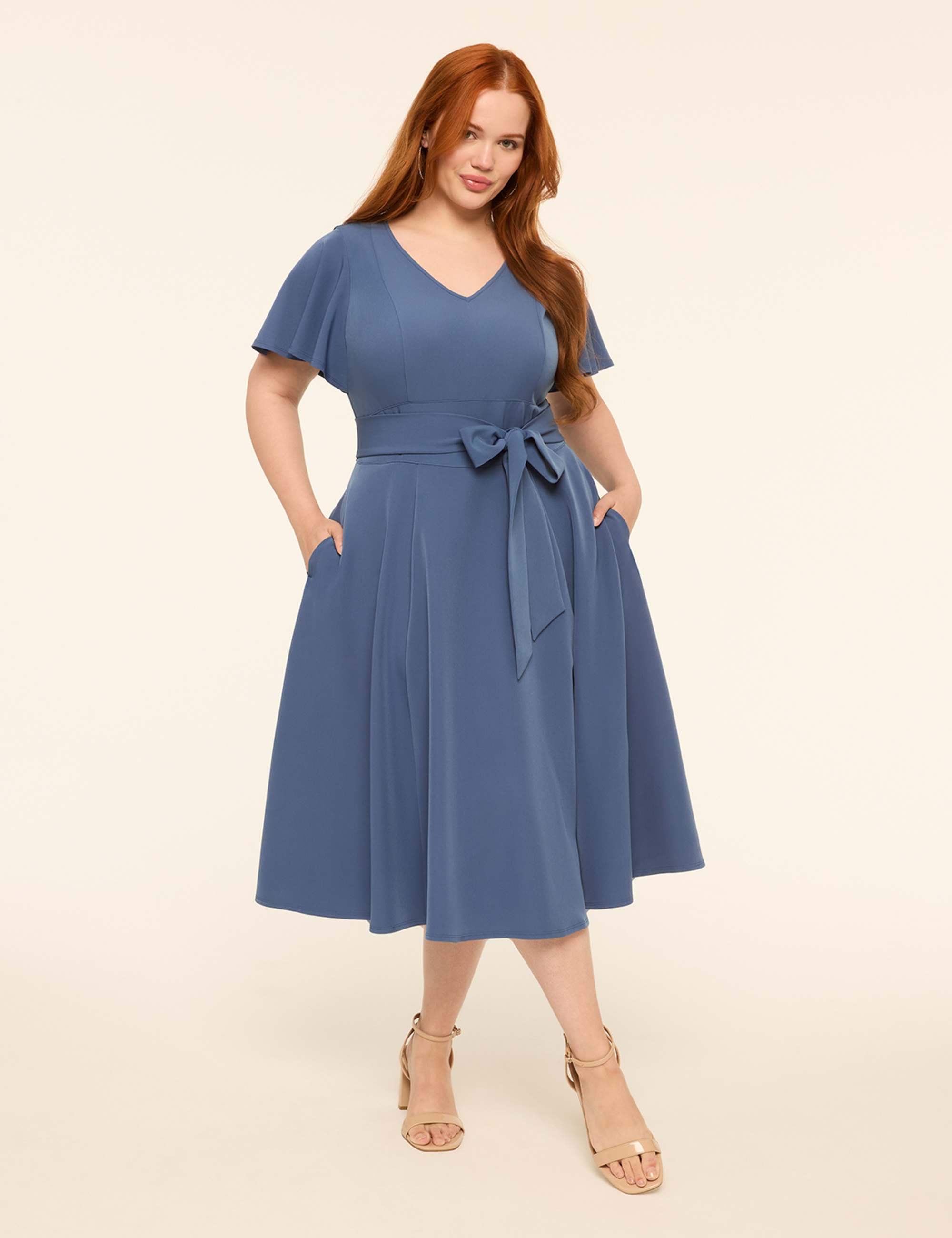 Lena Flutter-Sleeve V-Neck Midi Dress