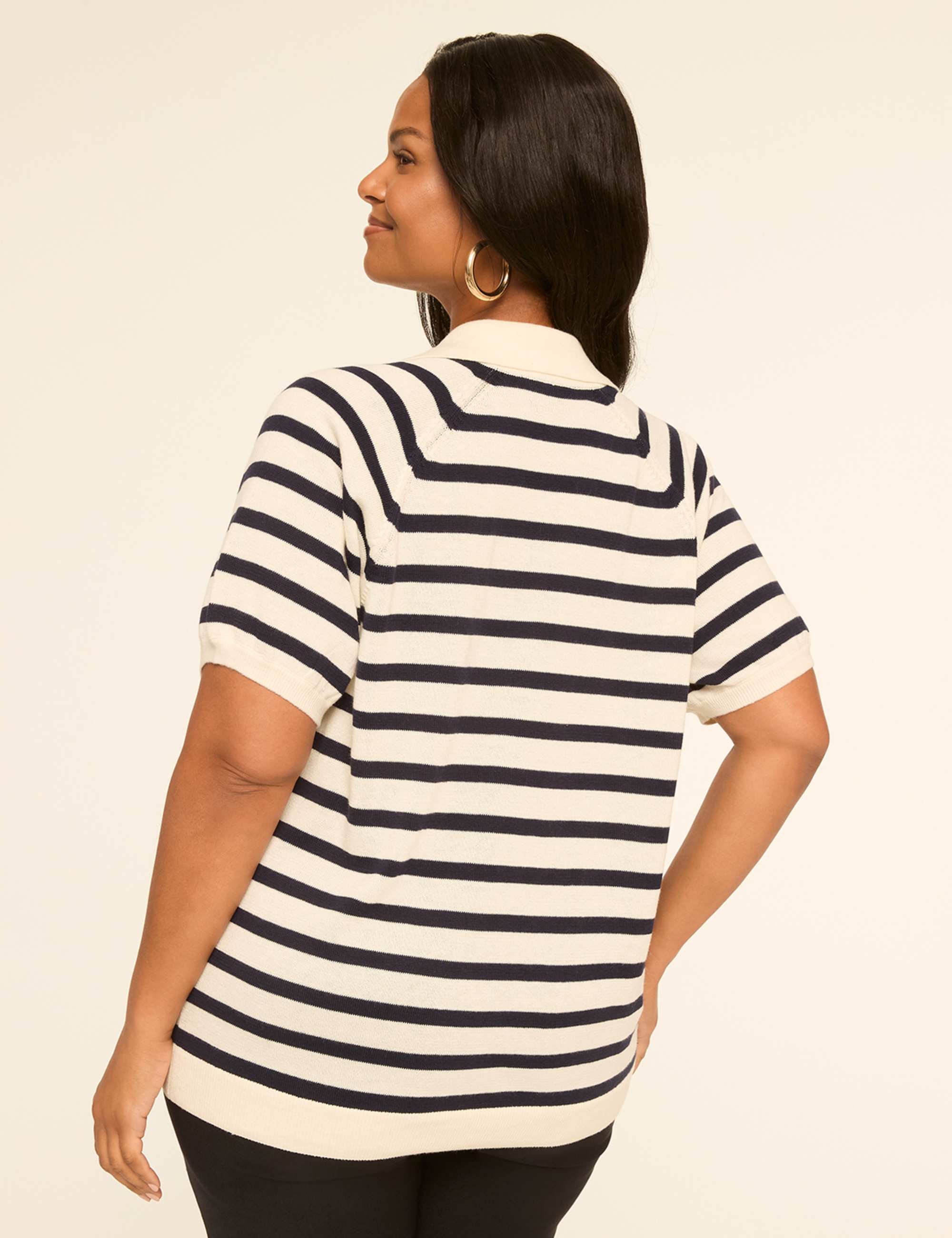 Short-Sleeve Striped Polo Pullover Sweater