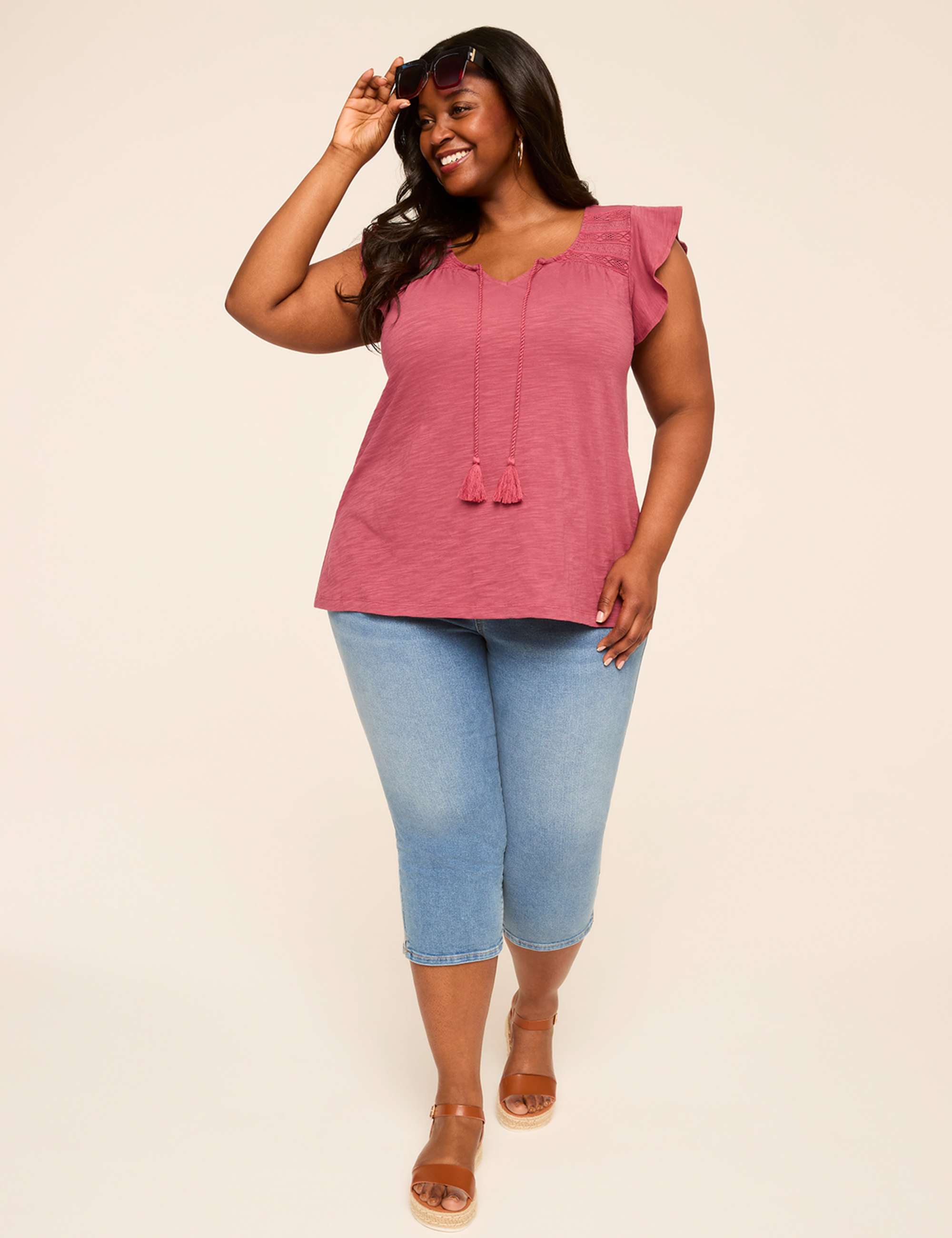 Flutter-Sleeve Lace-Trim Top