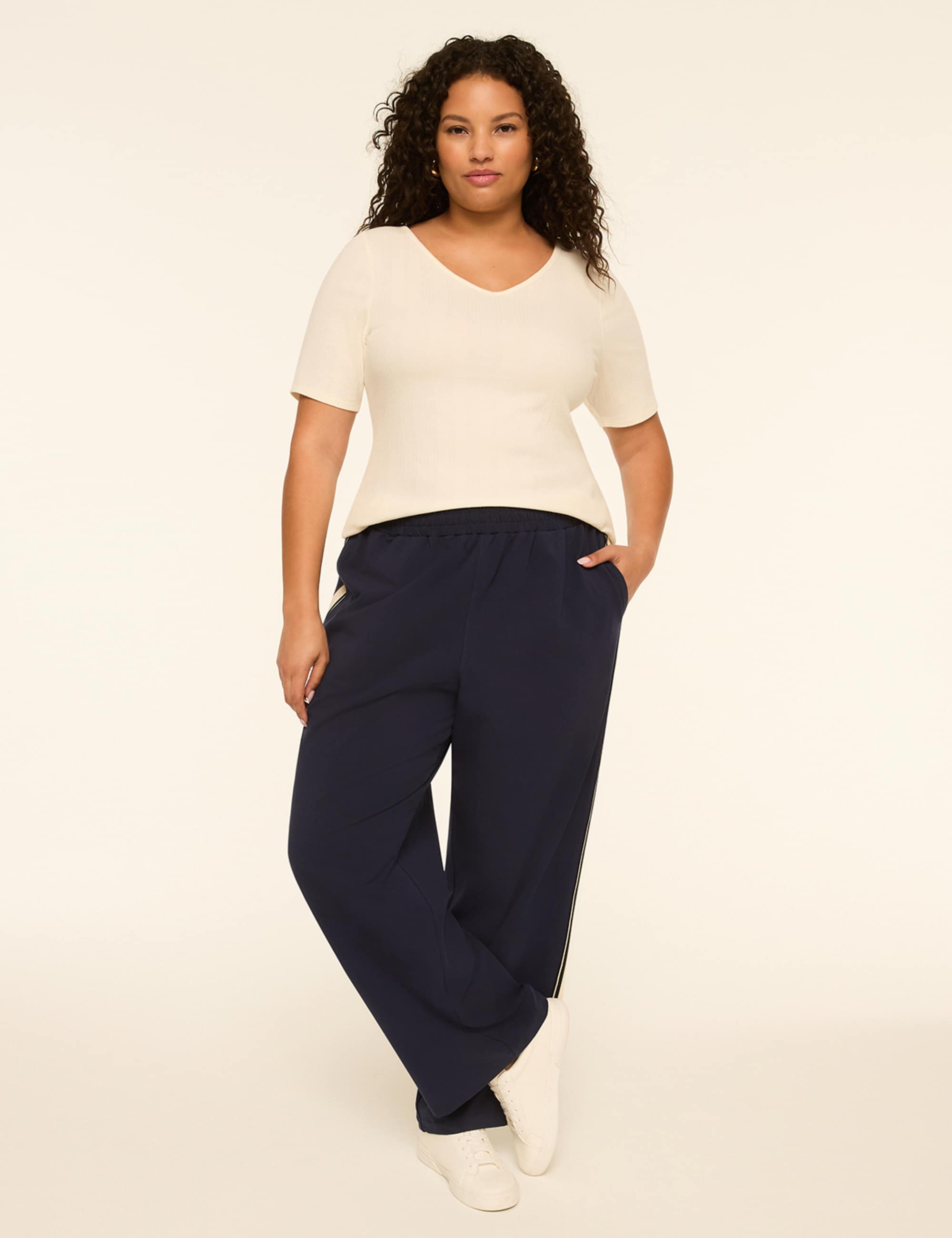 Elbow-Sleeve V-Neck Rib Top