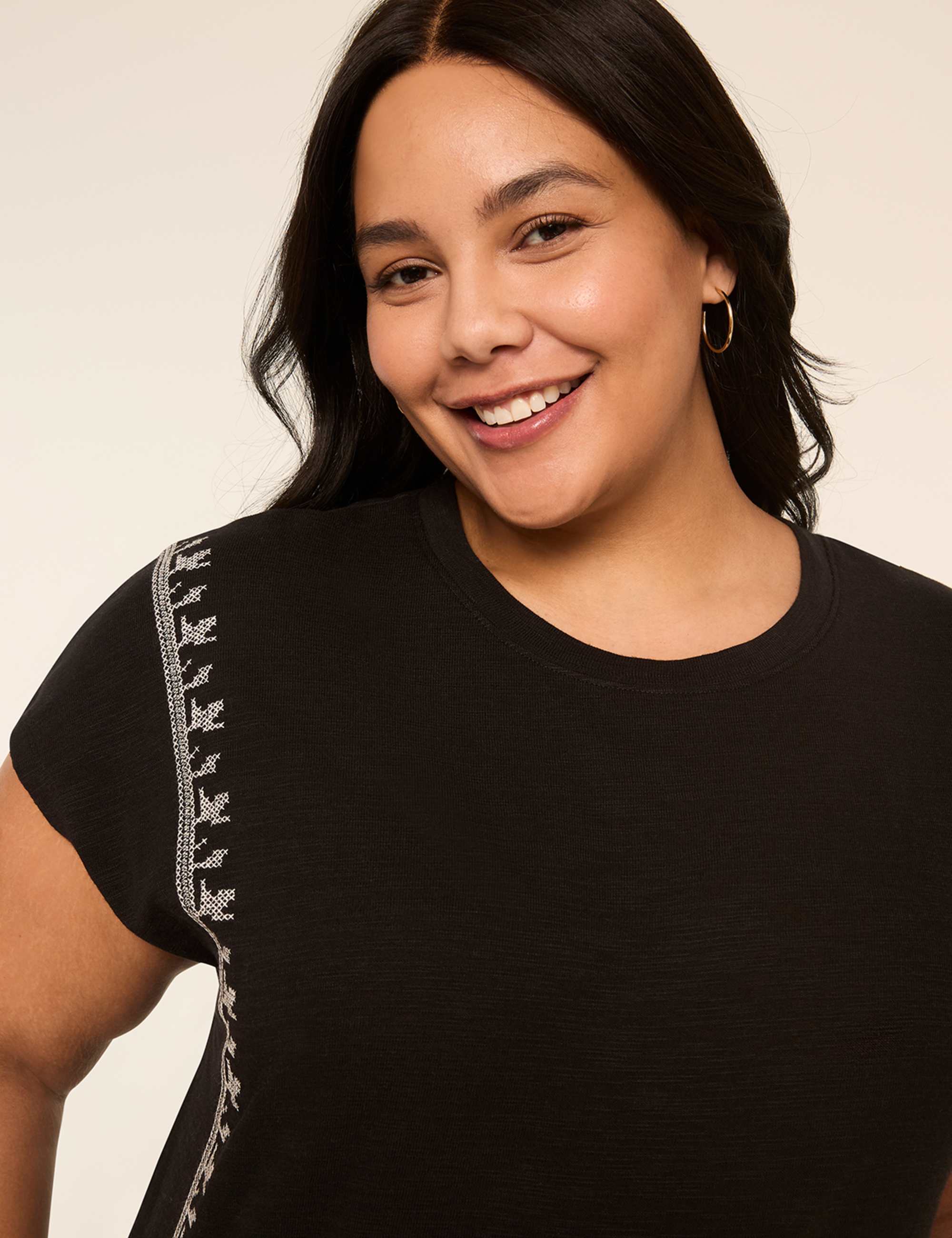 Embroidered Dolman-Sleeve Crew-Neck Top