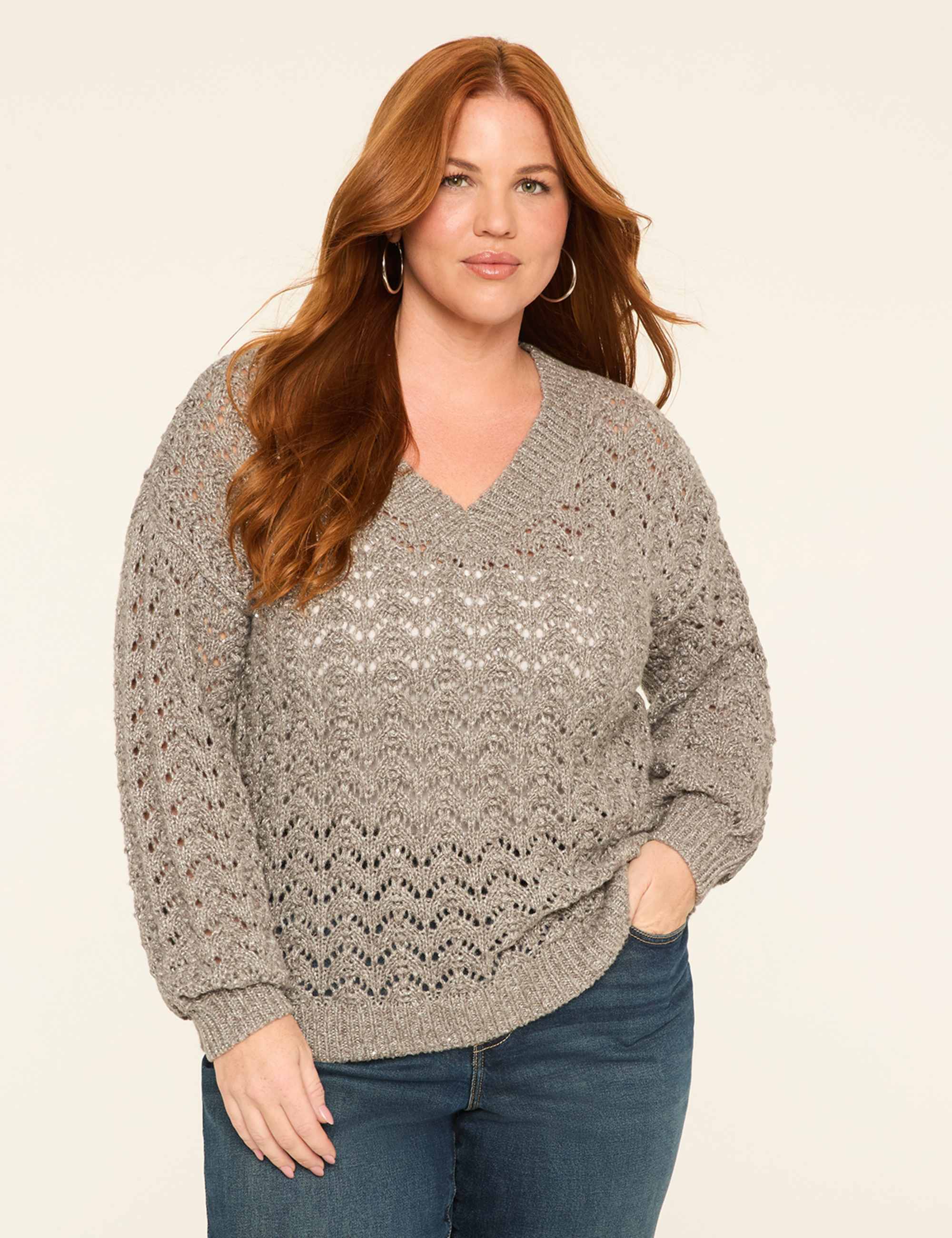 Relaxed Sequin V-Neck Stitch Pullover Sweater