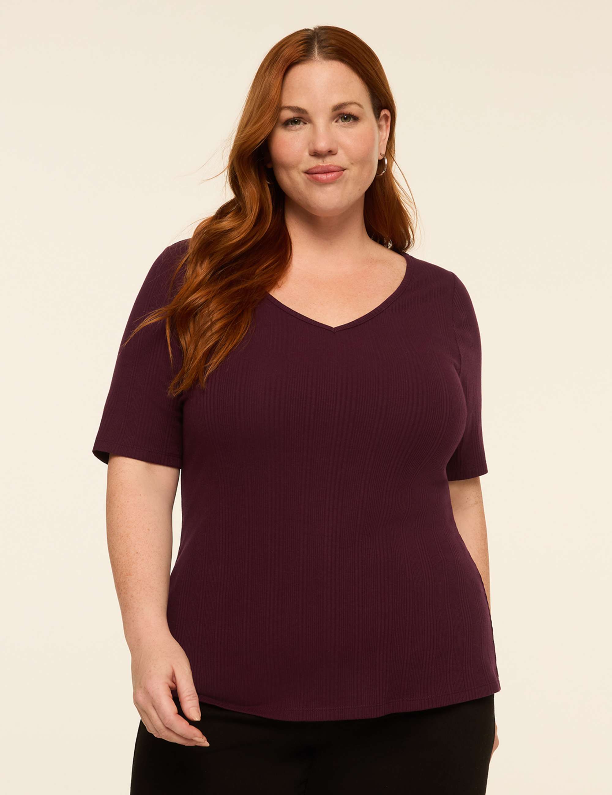 Elbow-Sleeve V-Neck Rib Top