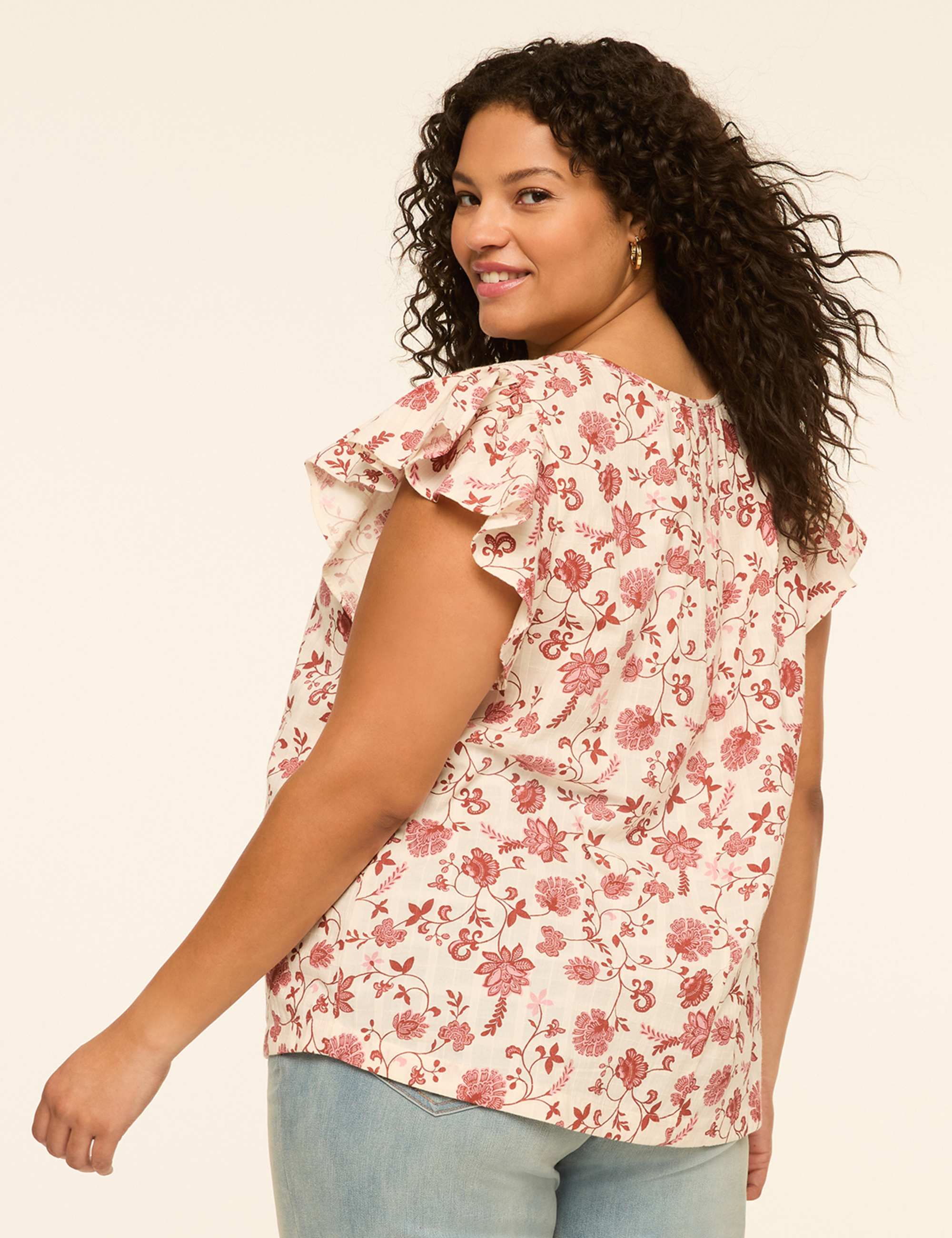 Flutter-Sleeve Scoop-Neck Popover Blouse