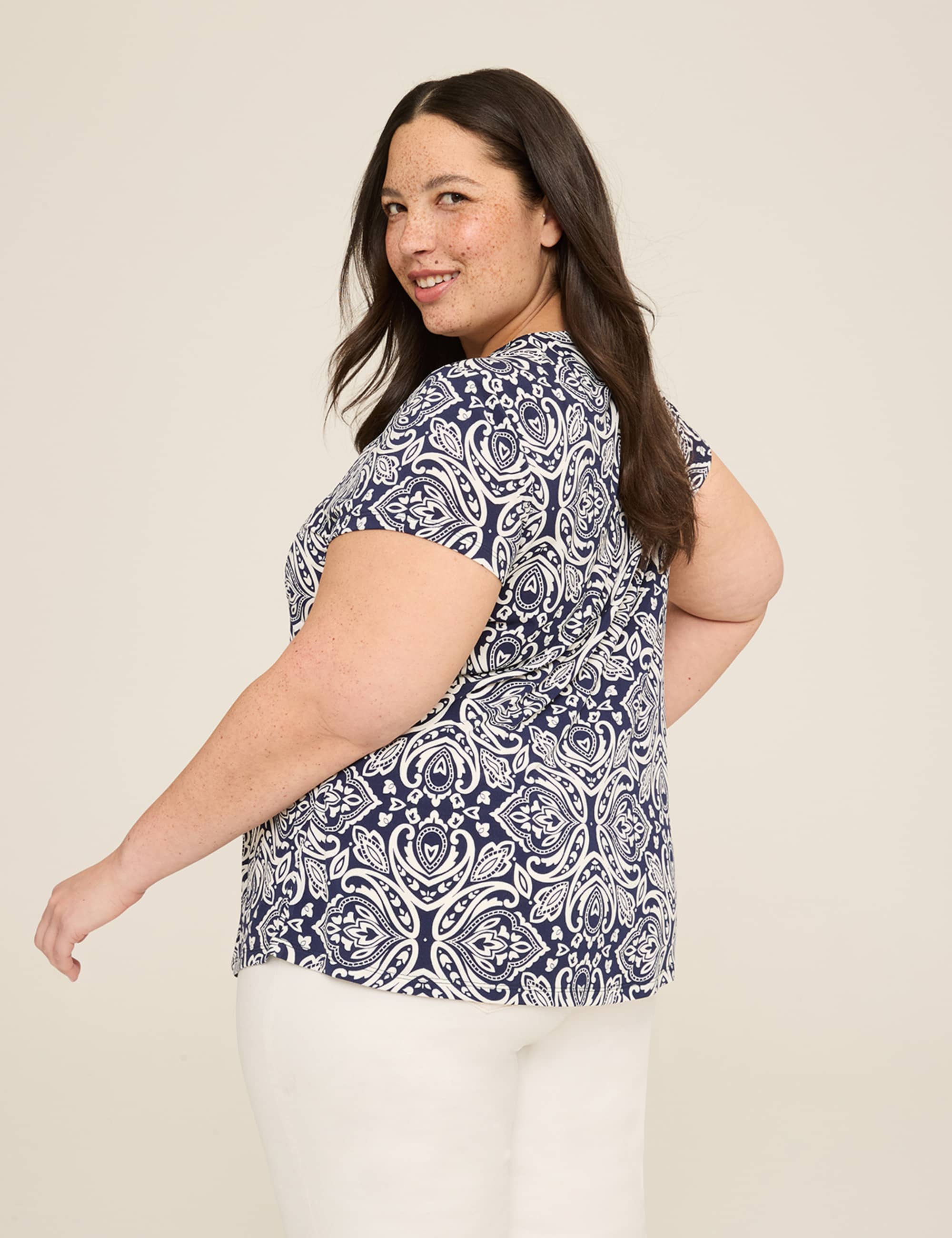Cap-Sleeve Pleat-Front Top
