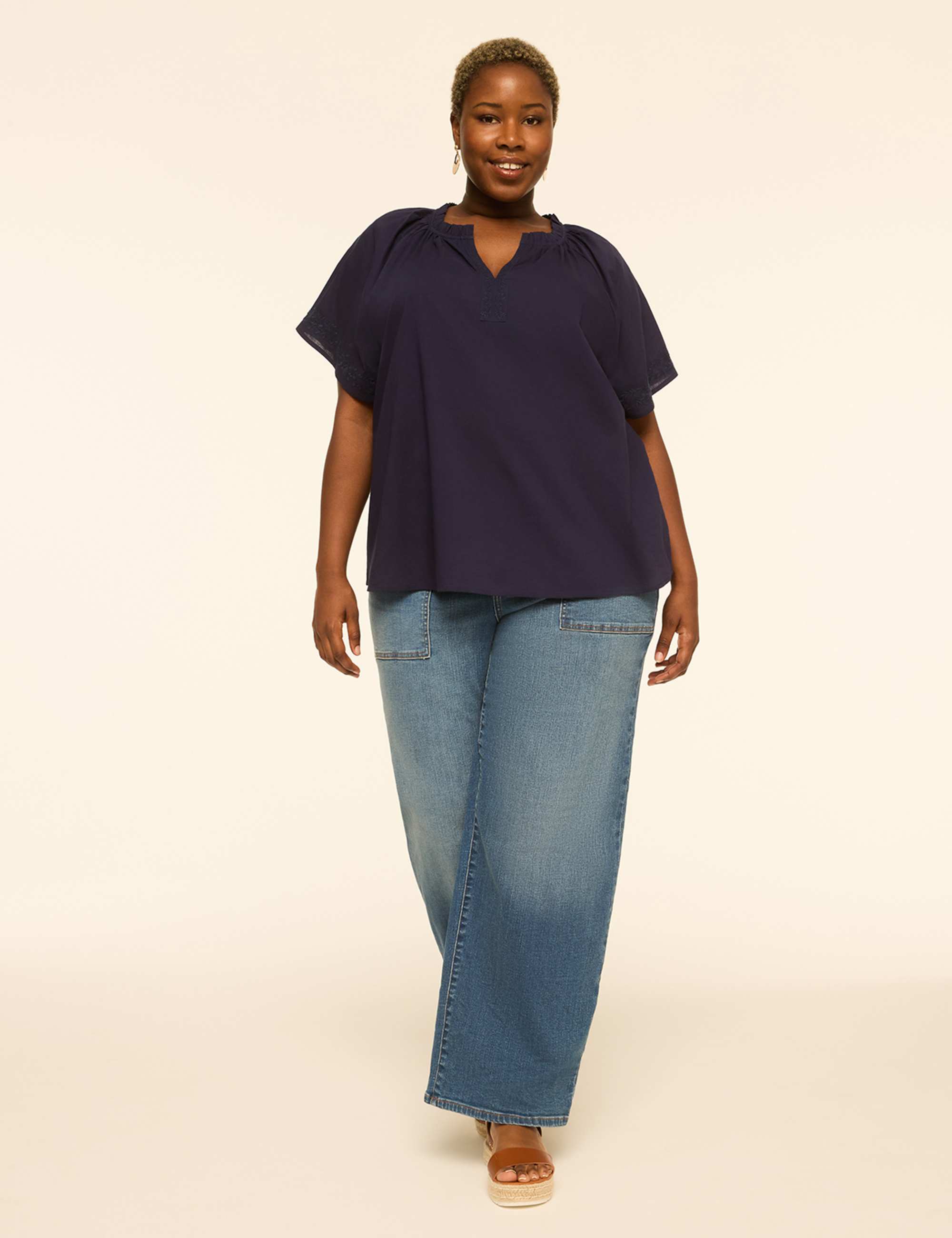 Embroidered Flutter-Sleeve Split-Neck Popover Blouse