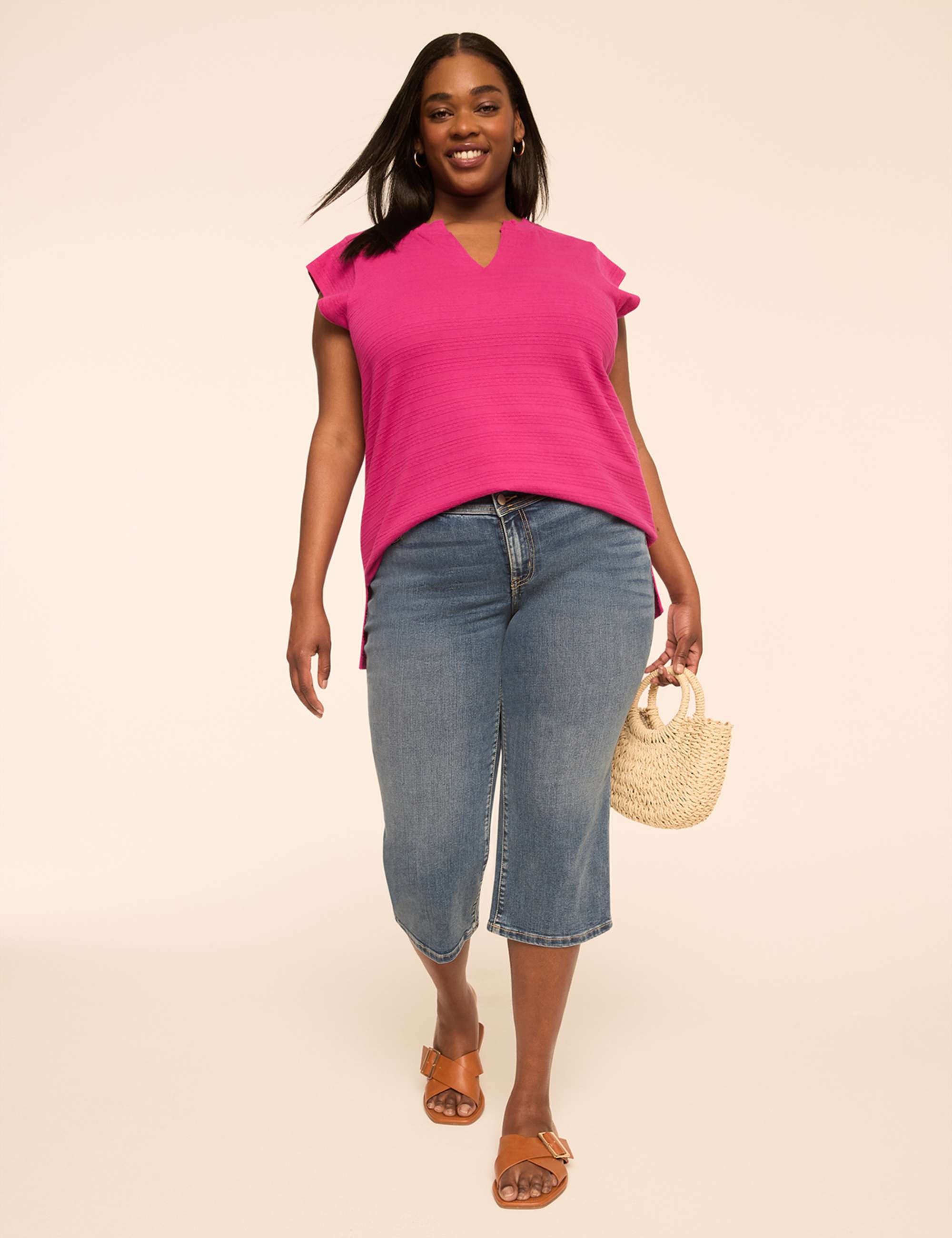 Notch-Neck Textured Knit Top