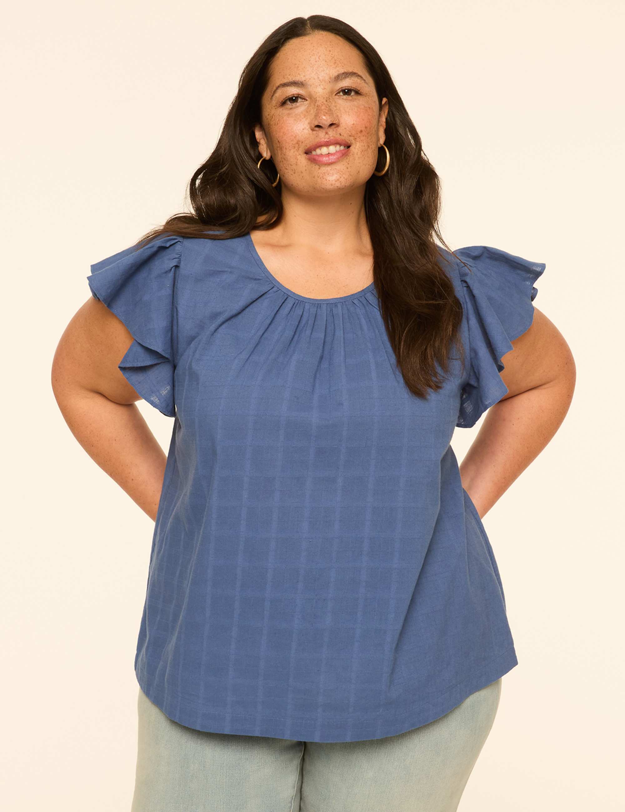 Flutter-Sleeve Scoop-Neck Popover Blouse