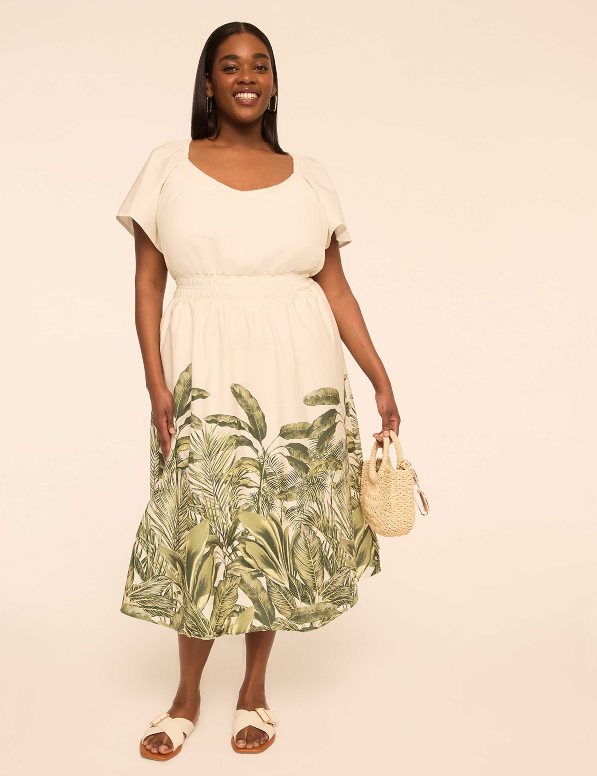 Smocked-Waist Poplin Midi Dress