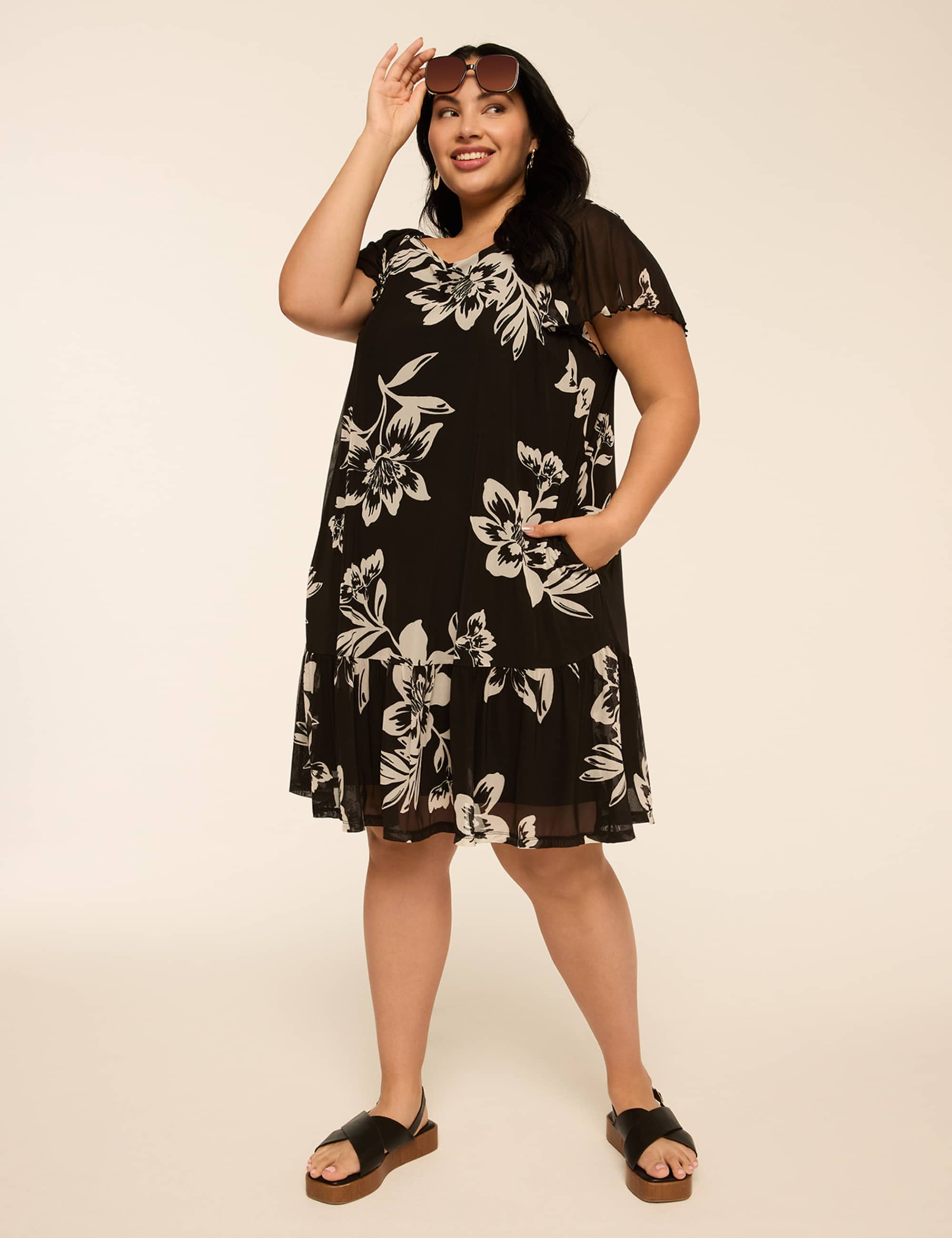Flutter-Sleeve Open-Neck Swing Dress