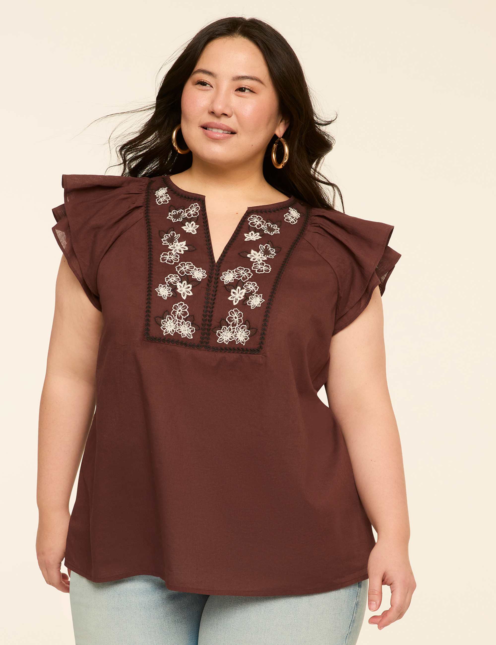 Double Flutter-Sleeve Split-Neck Top