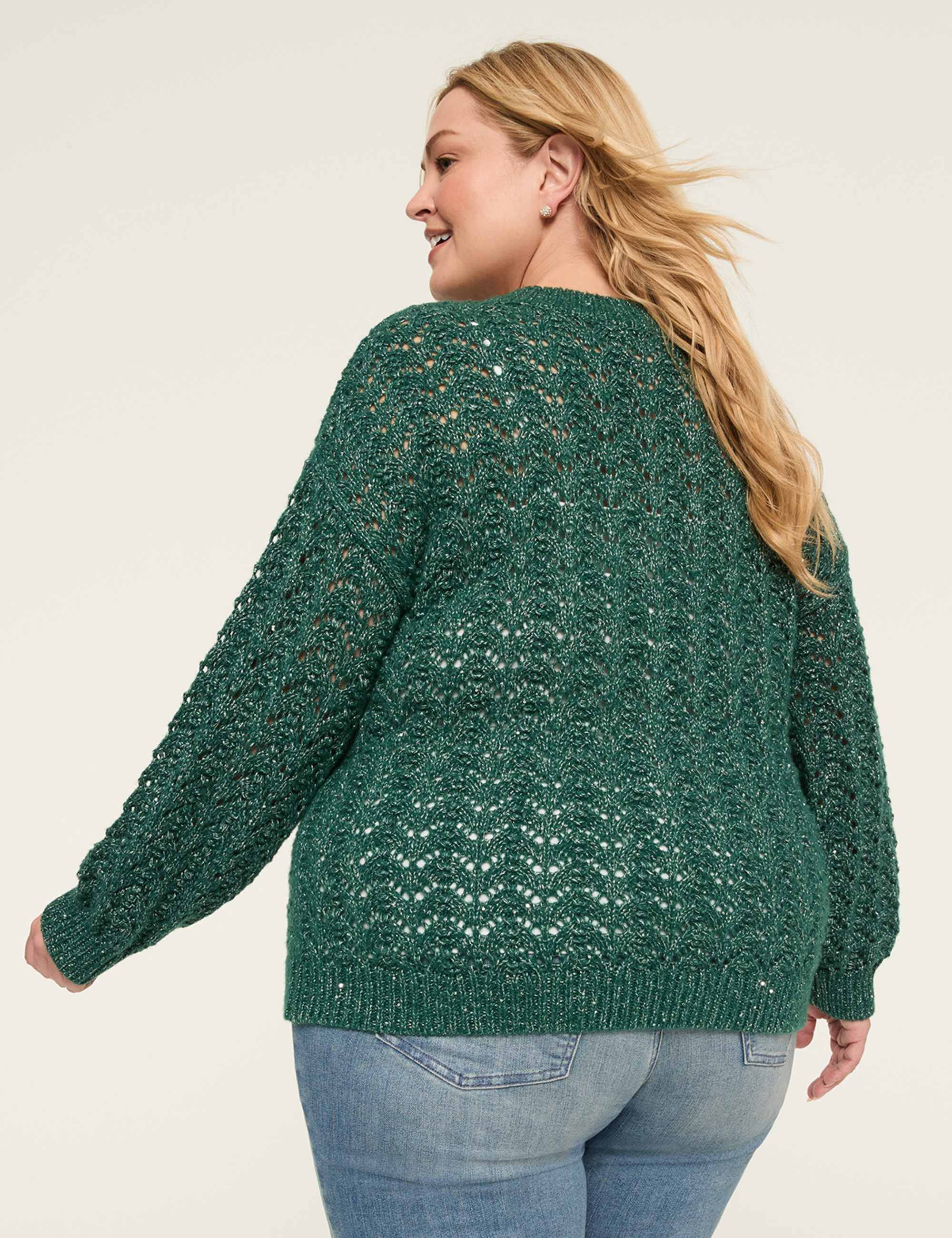 Relaxed Sequin V-Neck Stitch Pullover Sweater