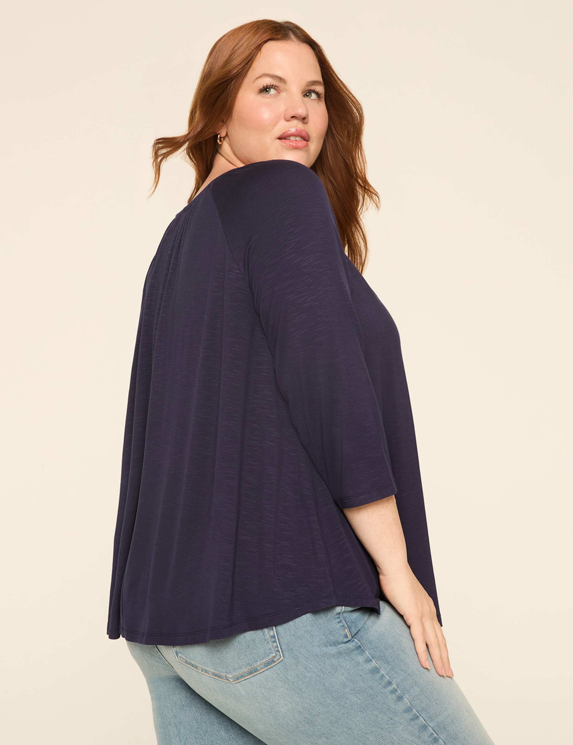 Swing 3/4-Sleeve Notch-Neck Top