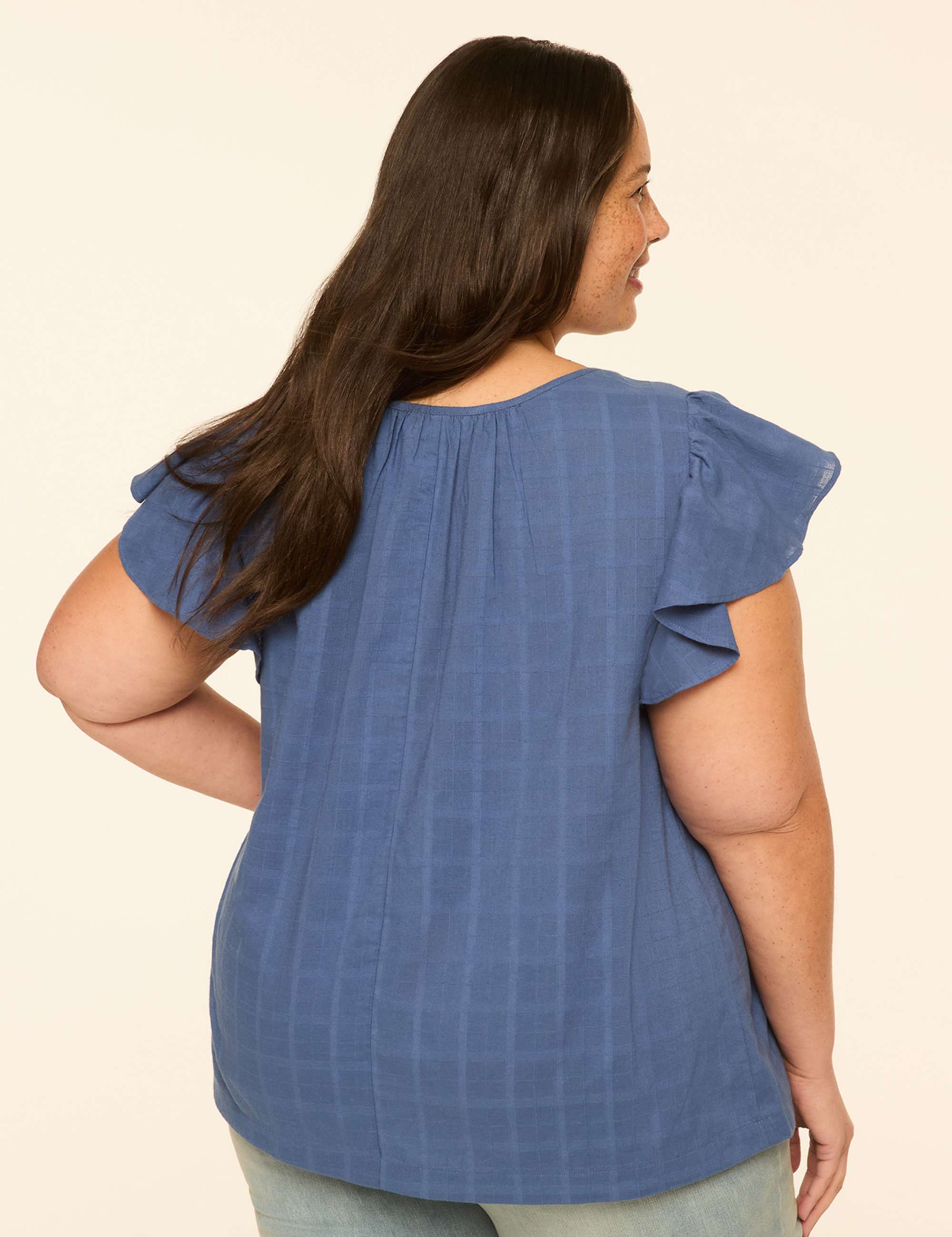 Flutter-Sleeve Scoop-Neck Popover Blouse