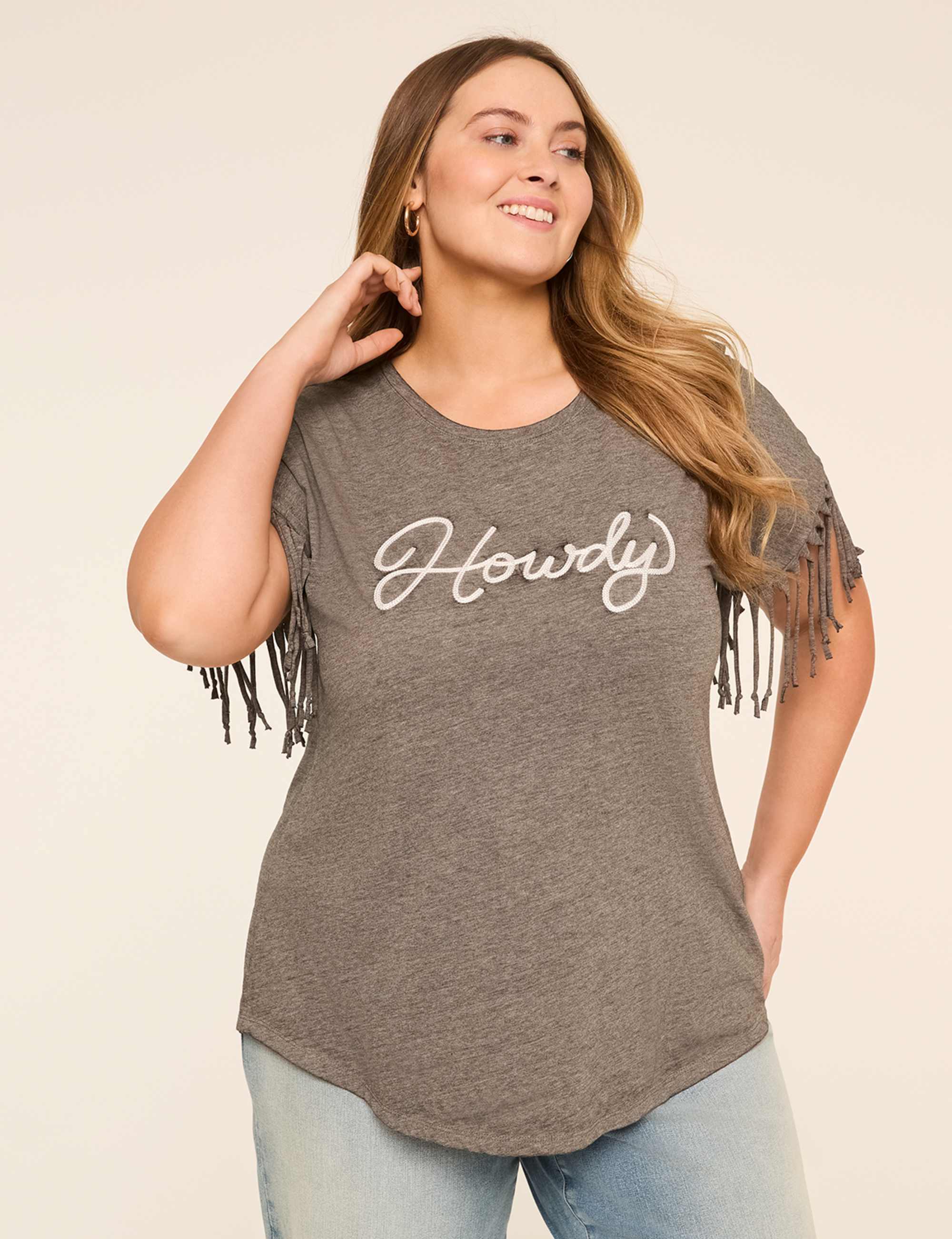 Fringed Dolman-Sleeve Howdy Graphic Tee