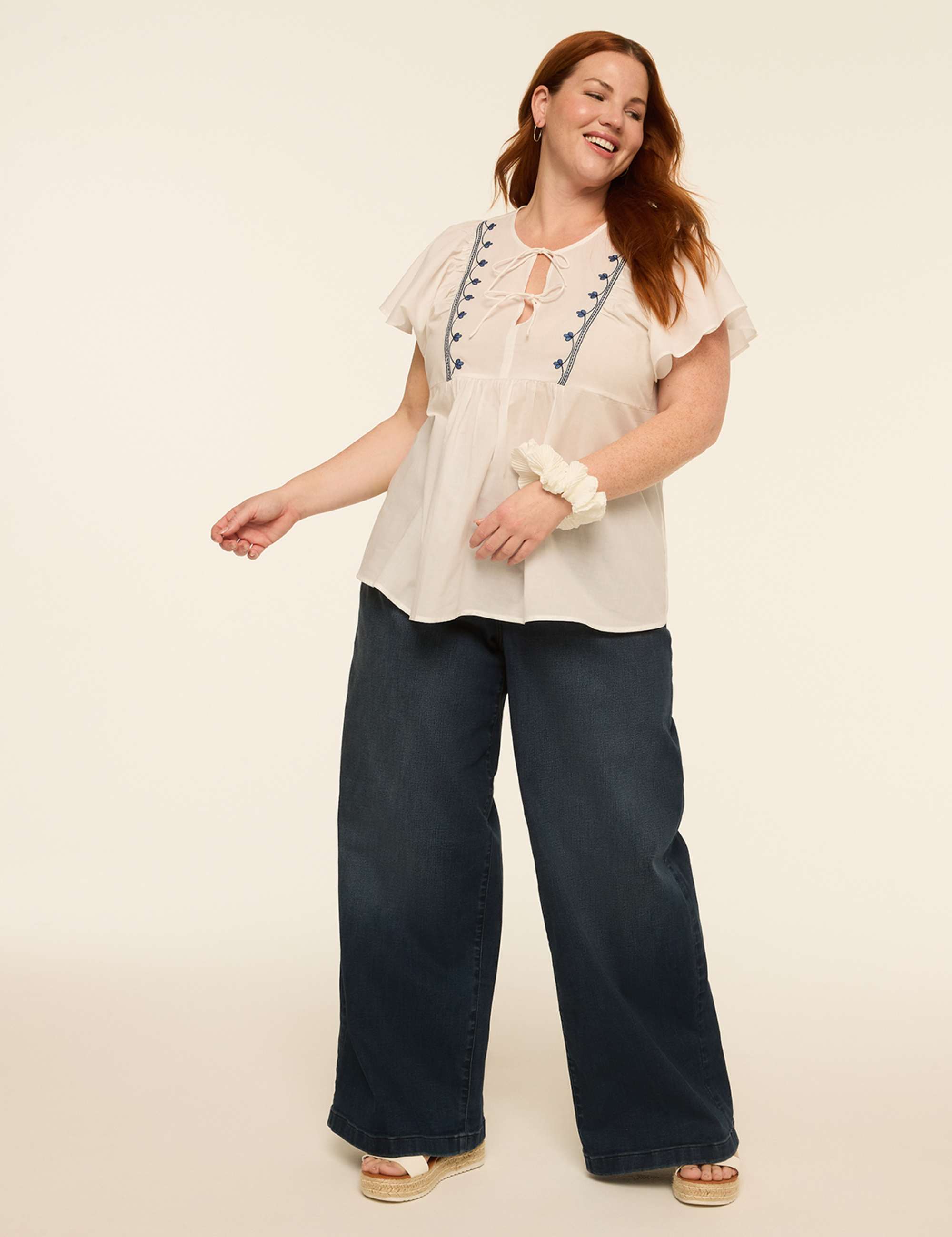 Embroidered Flutter-Sleeve Tie-Front Popover Blouse