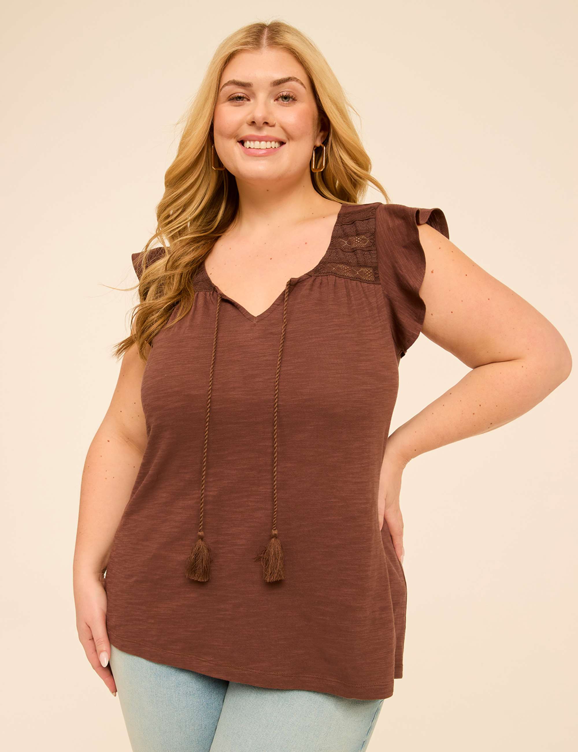 Flutter-Sleeve Lace-Trim Top