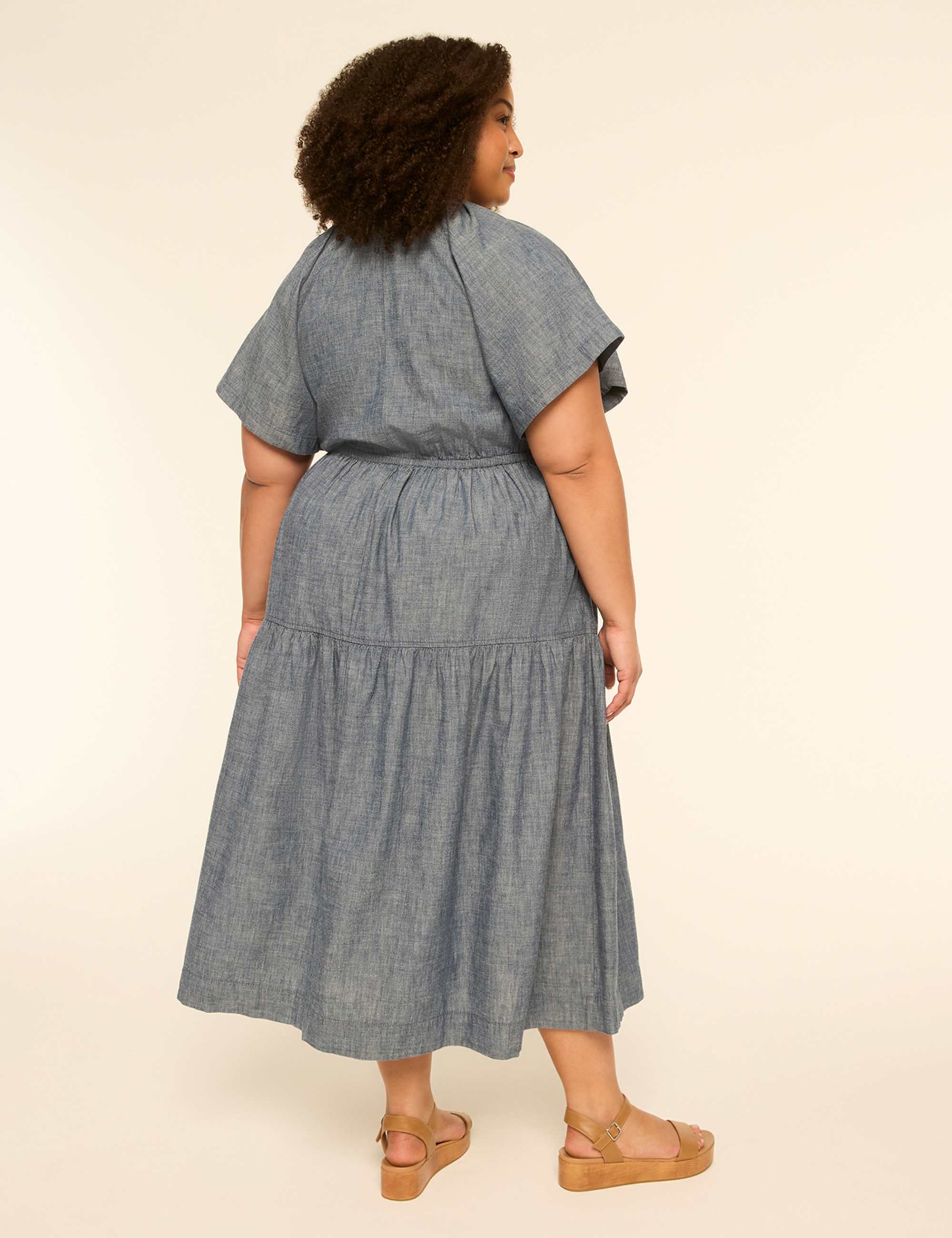 Flutter-Sleeve V-Neck Midi Dress