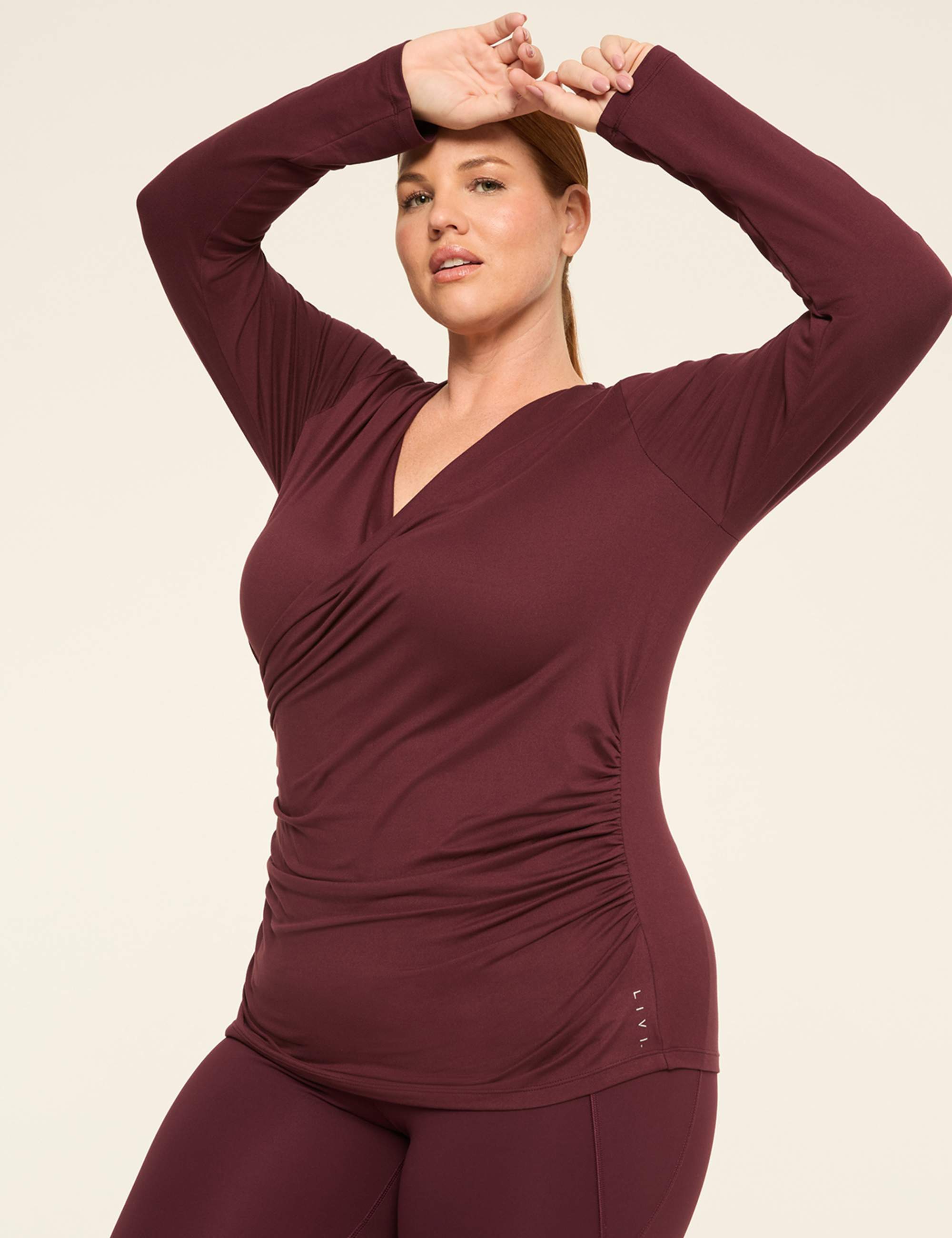 LIVI Soft Faux-Wrap Side-Ruched Top