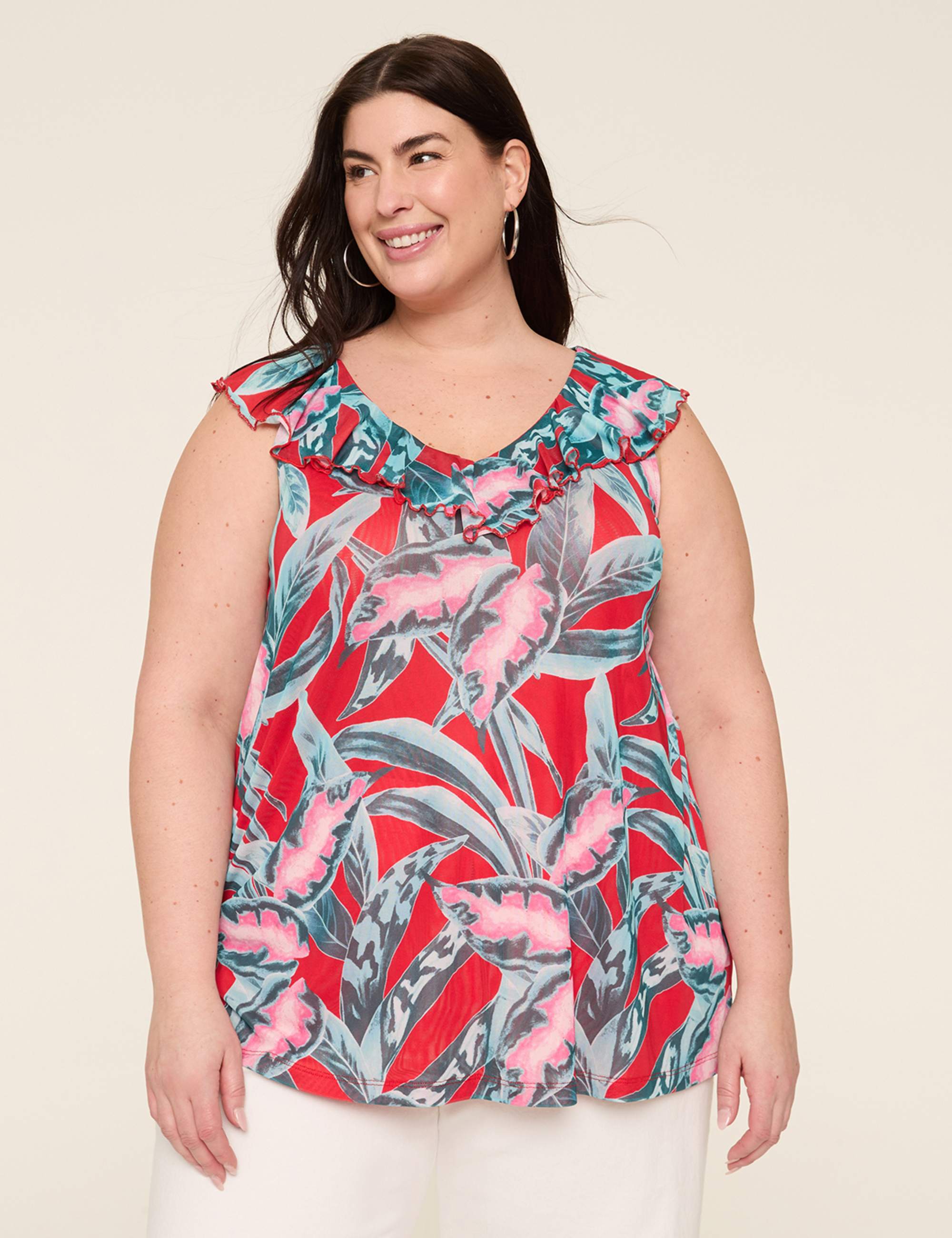 Sleeveless Ruffle V-Neck Mesh Top
