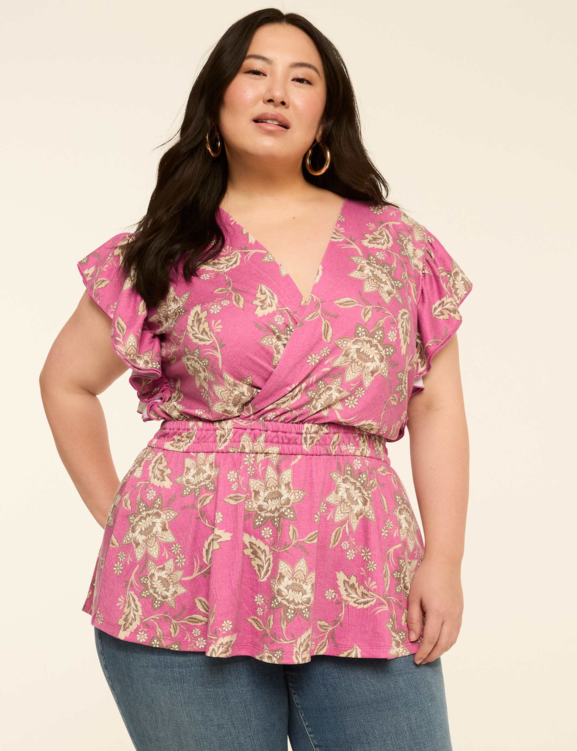 Double Flutter-Sleeve Faux-Wrap Peplum Top