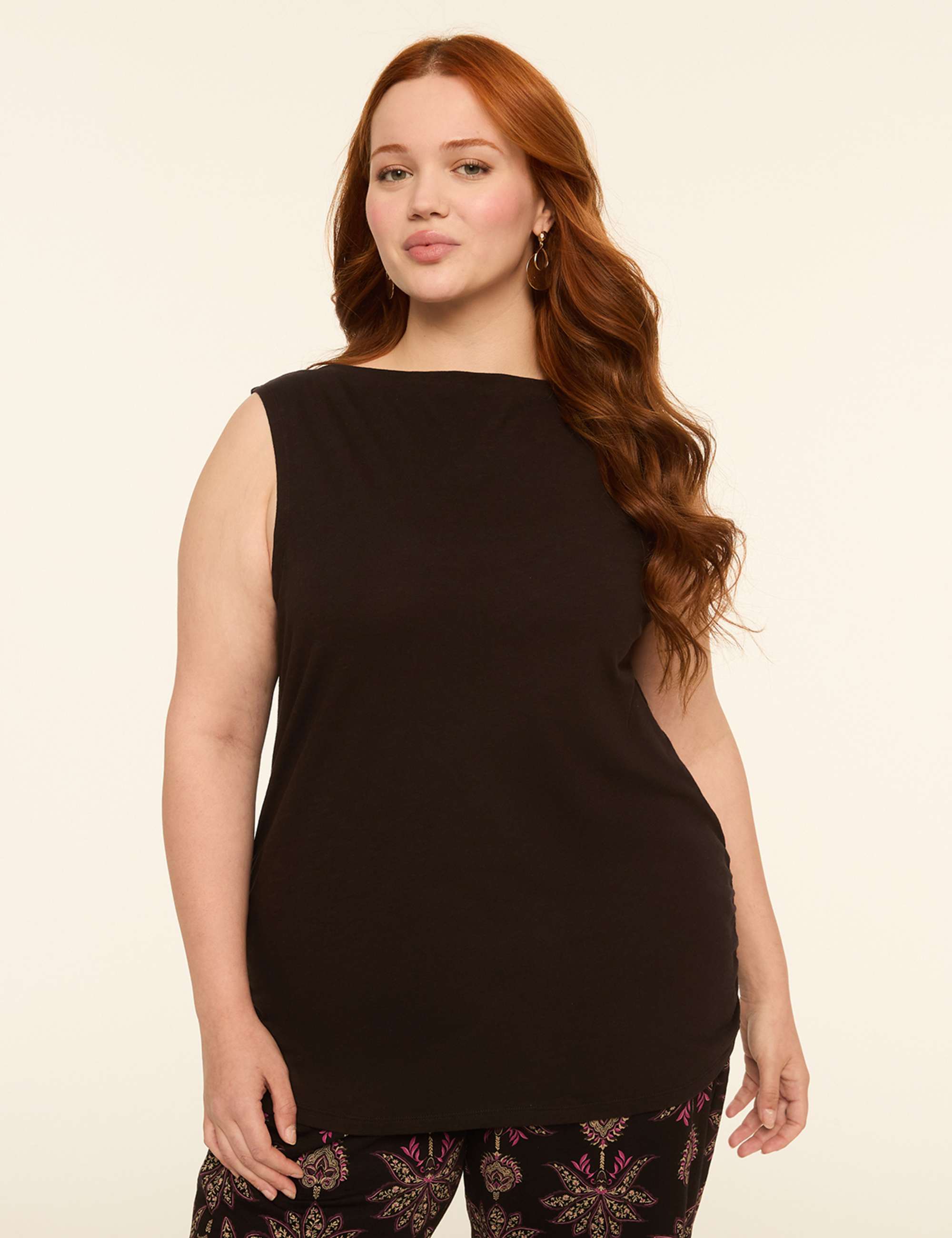 Sleeveless Boatneck Side-Ruched Top