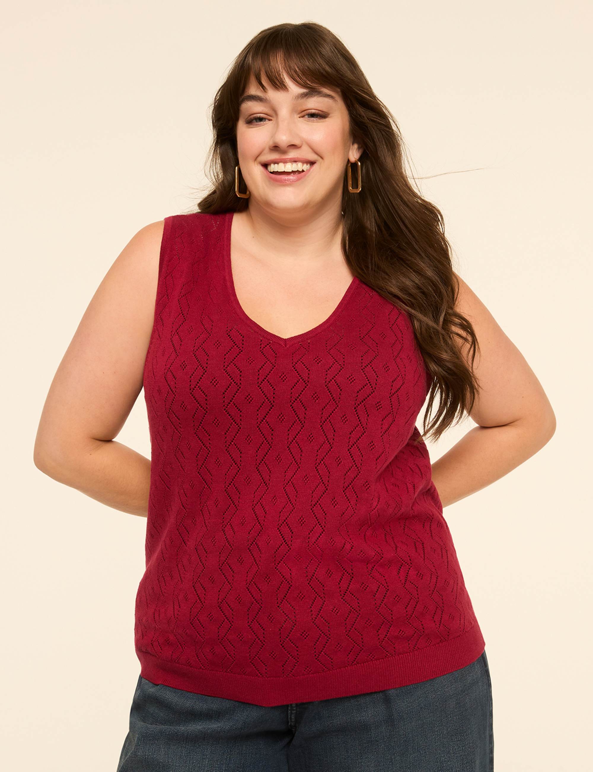 Pointelle-Stitch V-Neck Sweater Tank