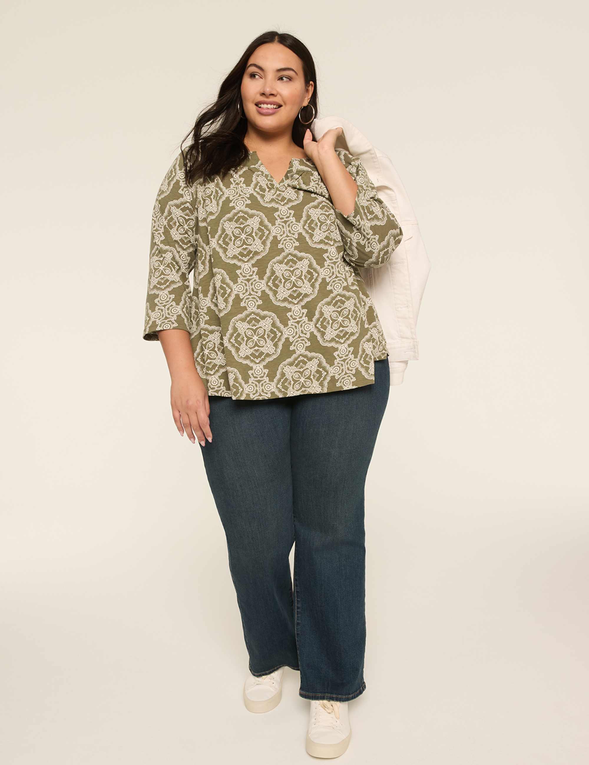 3/4-Sleeve Notch-Neck Top