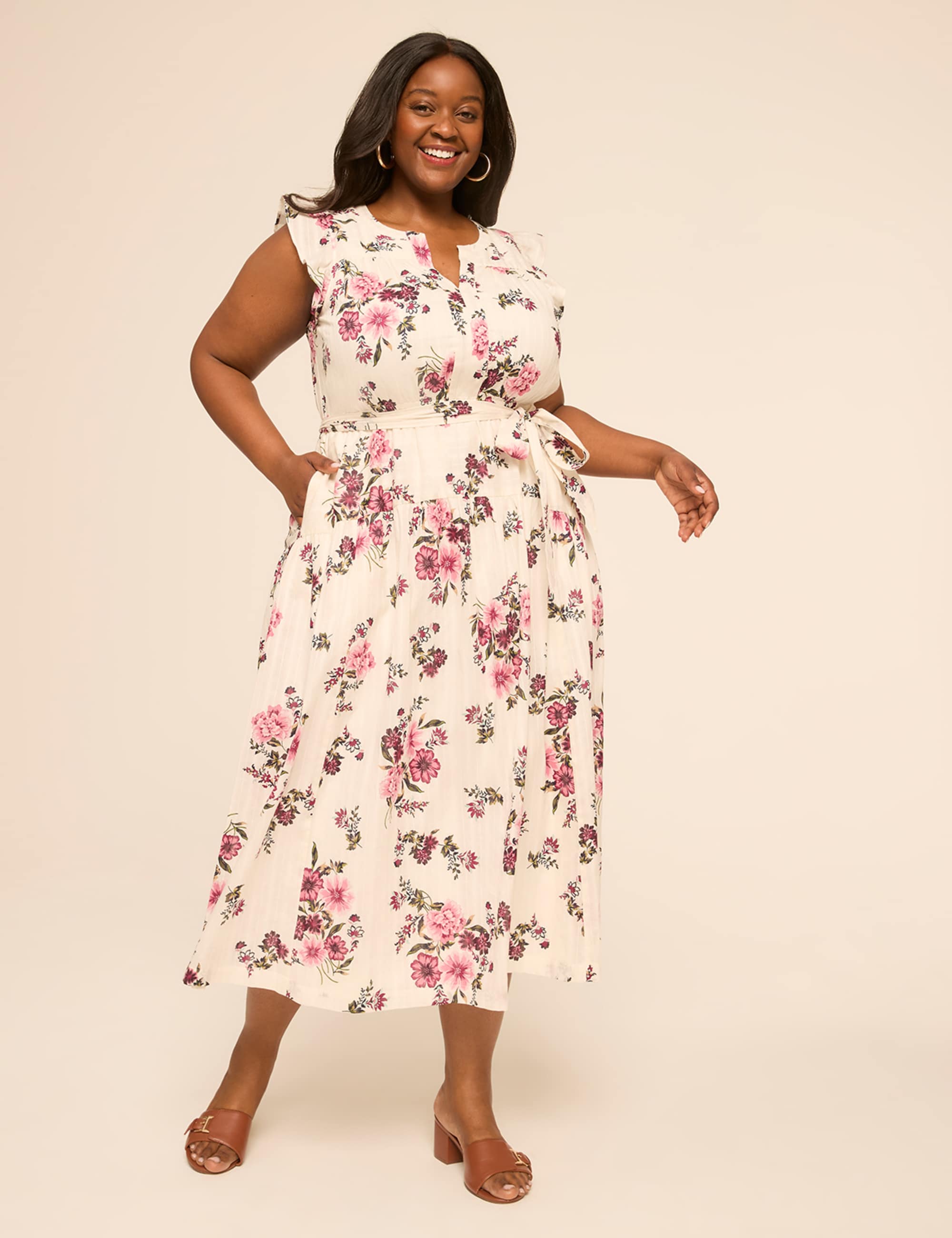 Flutter-Sleeve Tie-Waist Maxi Dress