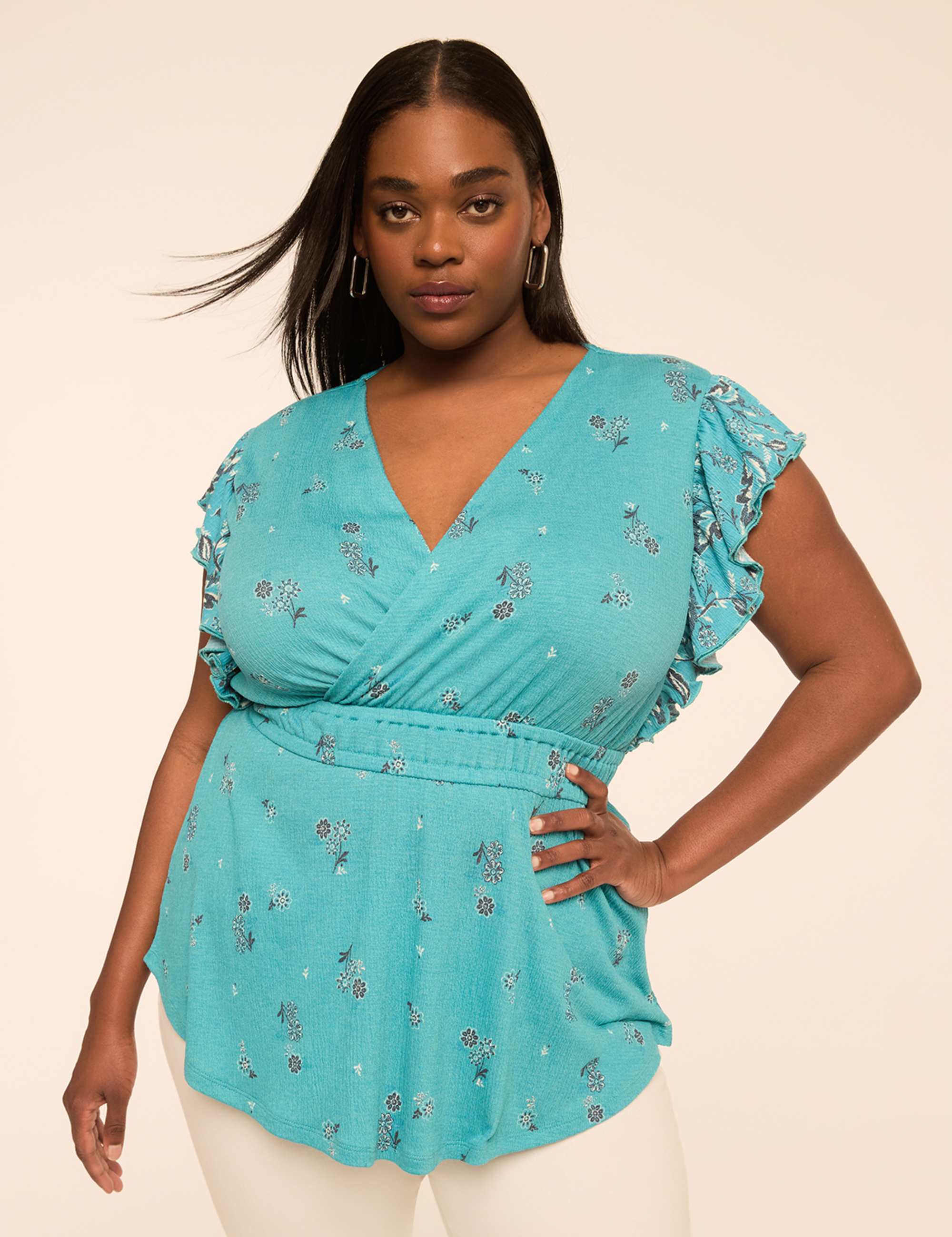 Double Flutter-Sleeve Faux-Wrap Peplum Top