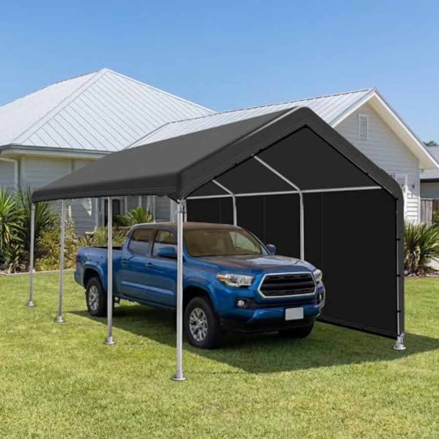Carport canopy cover for outdoor vehicle shelter 500D black polyester waterproof and UV-resistant easy setup includes sidewall
