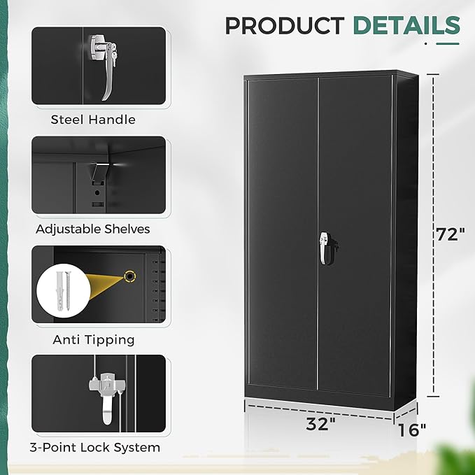 Gabinete de almacenamiento de metal, 72 pulgadas, color negro con bloqueo de acero con puertas y 4 estantes ajustables