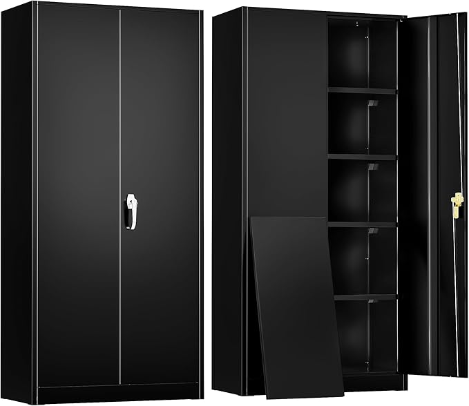 Gabinete de almacenamiento de metal, 72 pulgadas, color negro con bloqueo de acero con puertas y 4 estantes ajustables