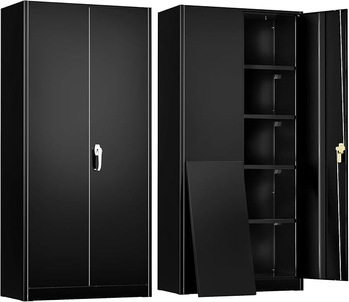 Gabinete de almacenamiento de metal, 72 pulgadas, color negro con bloqueo de acero con puertas y 4 estantes ajustables