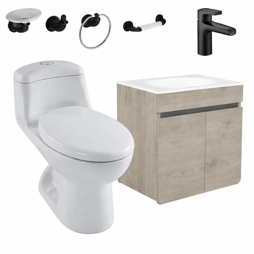 Combo Smart: Sanitario Smart Alongado Blanco De Una Pieza + Mueble Elevado Aluvia 60 Cm Cenizo + Grifería Cascade Negra Corona