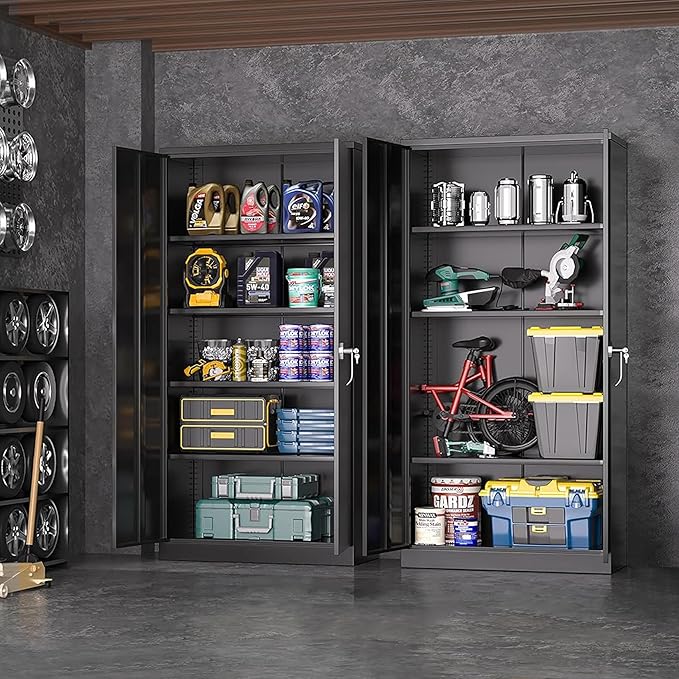 Gabinete de almacenamiento de metal, 72 pulgadas, color negro con bloqueo de acero con puertas y 4 estantes ajustables