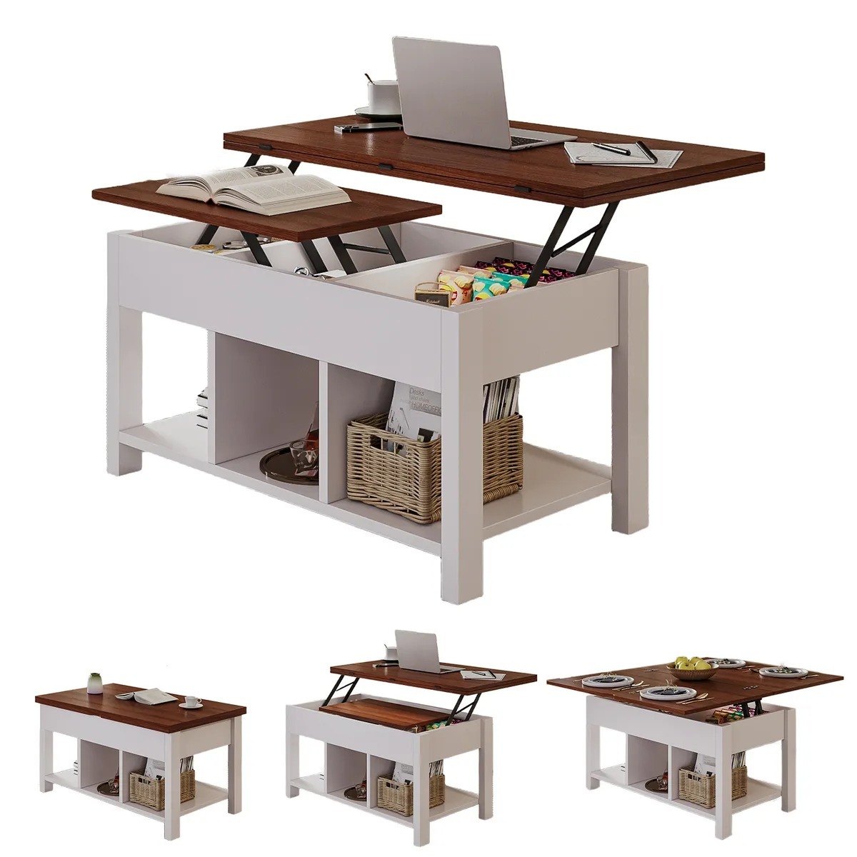 Mesa De Centro 4 in 1 con Doble Cubierta Elevable Marrón