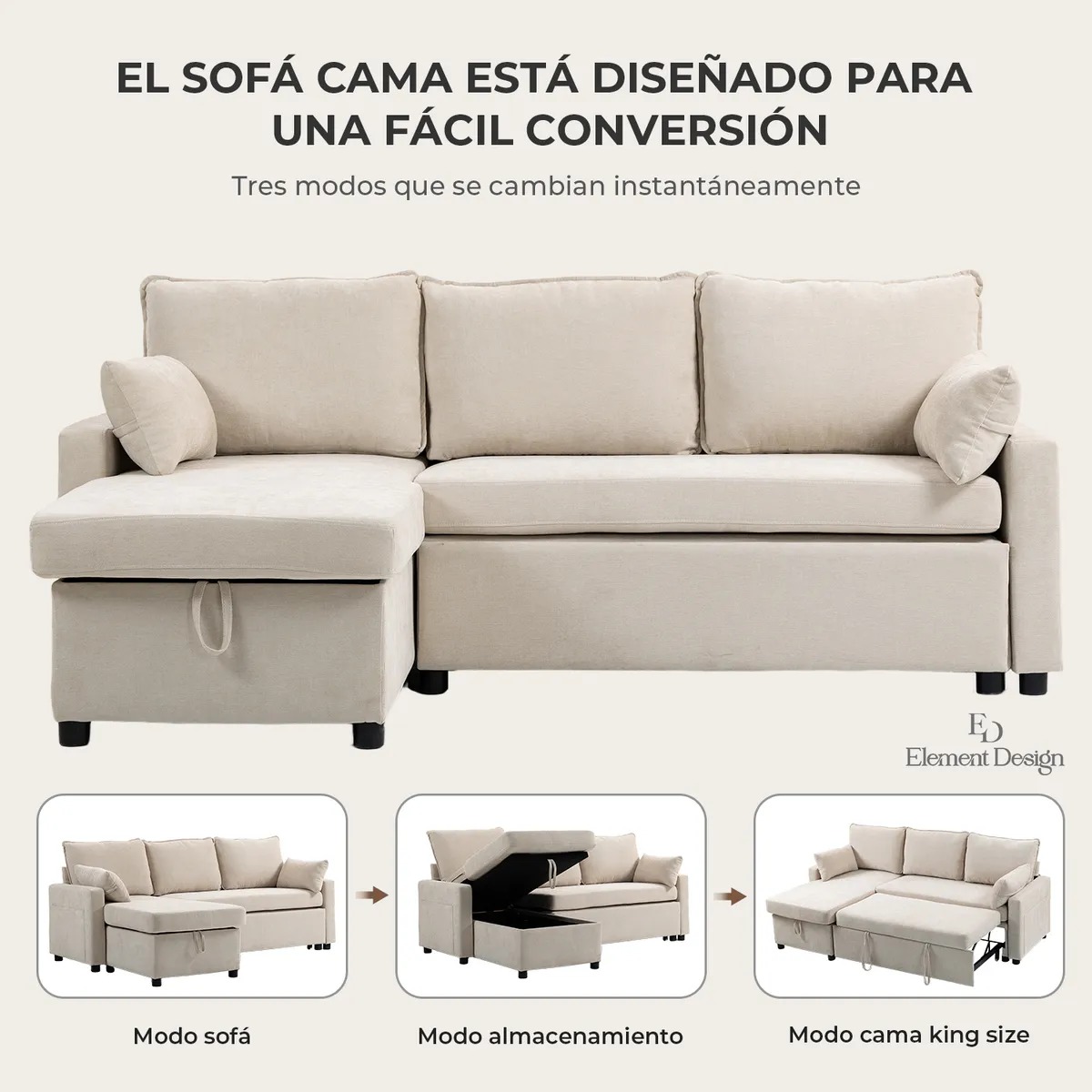 Sofá Cama Leticia Seccionals con Almacenamiento Oculto - Beige