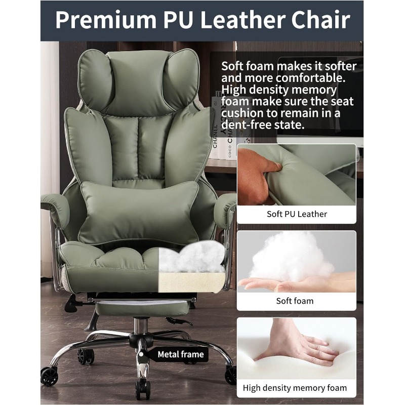 Silla de oficina alta, silla de computadora de cuero PU, silla ejecutiva con reposapiernas y soporte lumbar
