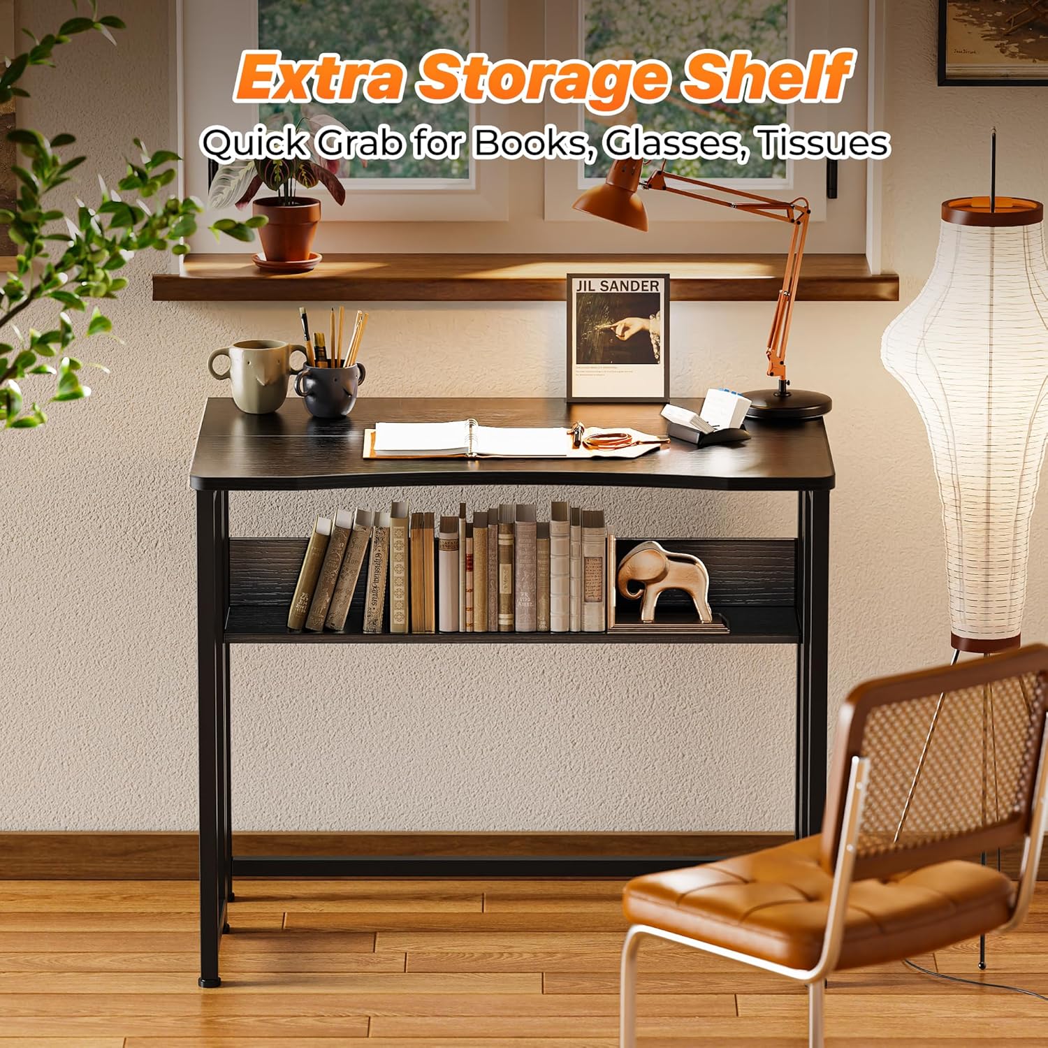 Escritorio plegable para computadora de 31.5 pulgadas con estante de almacenamiento, ahorra espacio para espacios pequeños, negro.
