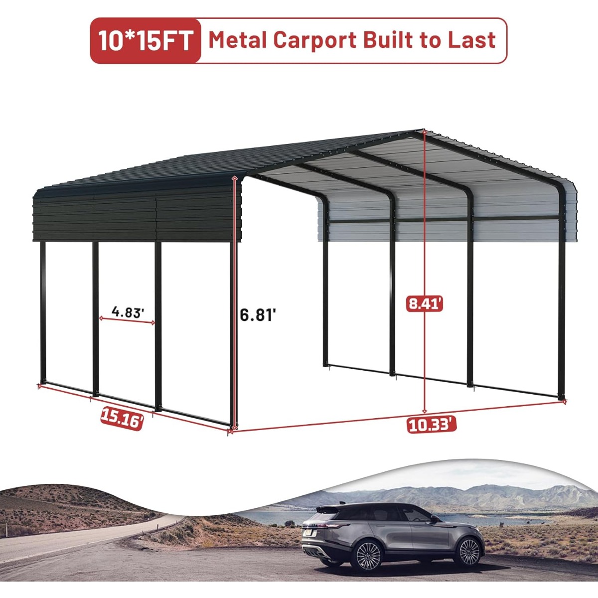 Metal Carport 10 X 15 FT With Heavy Duty Frame & Galvanized Steel Roof, Metal Car Garage, Sturdy Canopy Shelter For Car