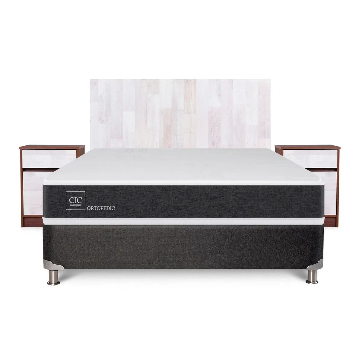 Box Spring Ortopedic 2 Plazas x 2.00mt Base normal + Respaldo + 2 Veladores Cic