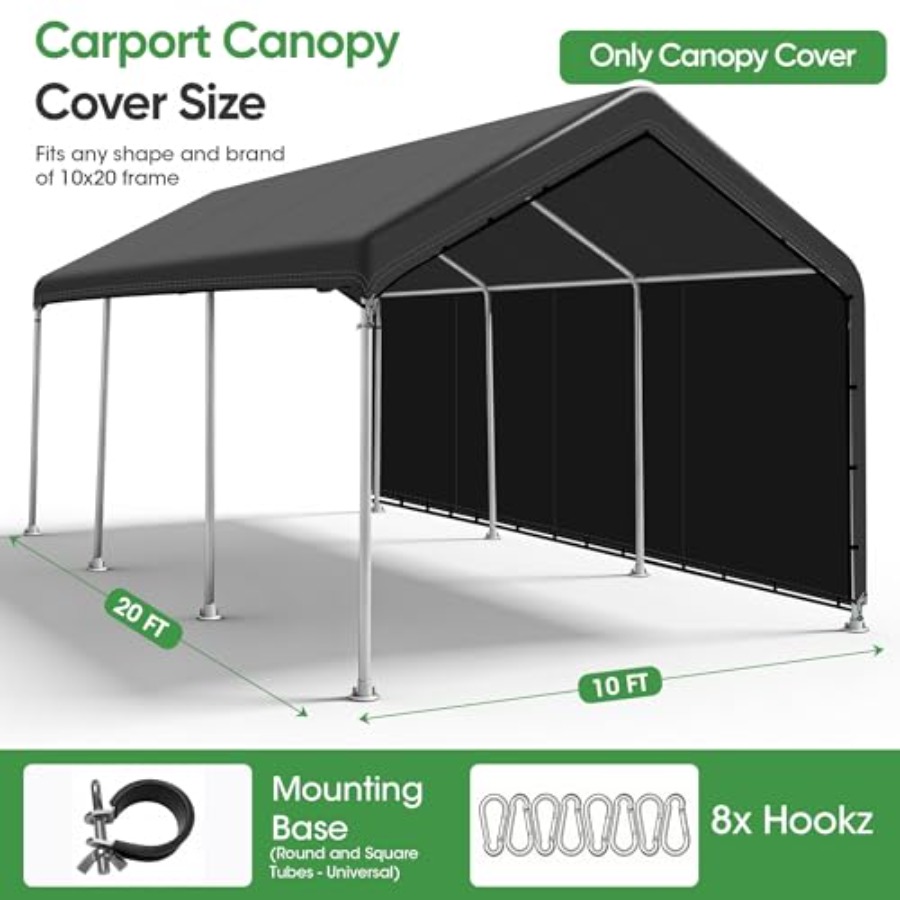 Carport canopy cover for outdoor vehicle shelter 500D black polyester waterproof and UV-resistant easy setup includes sidewall