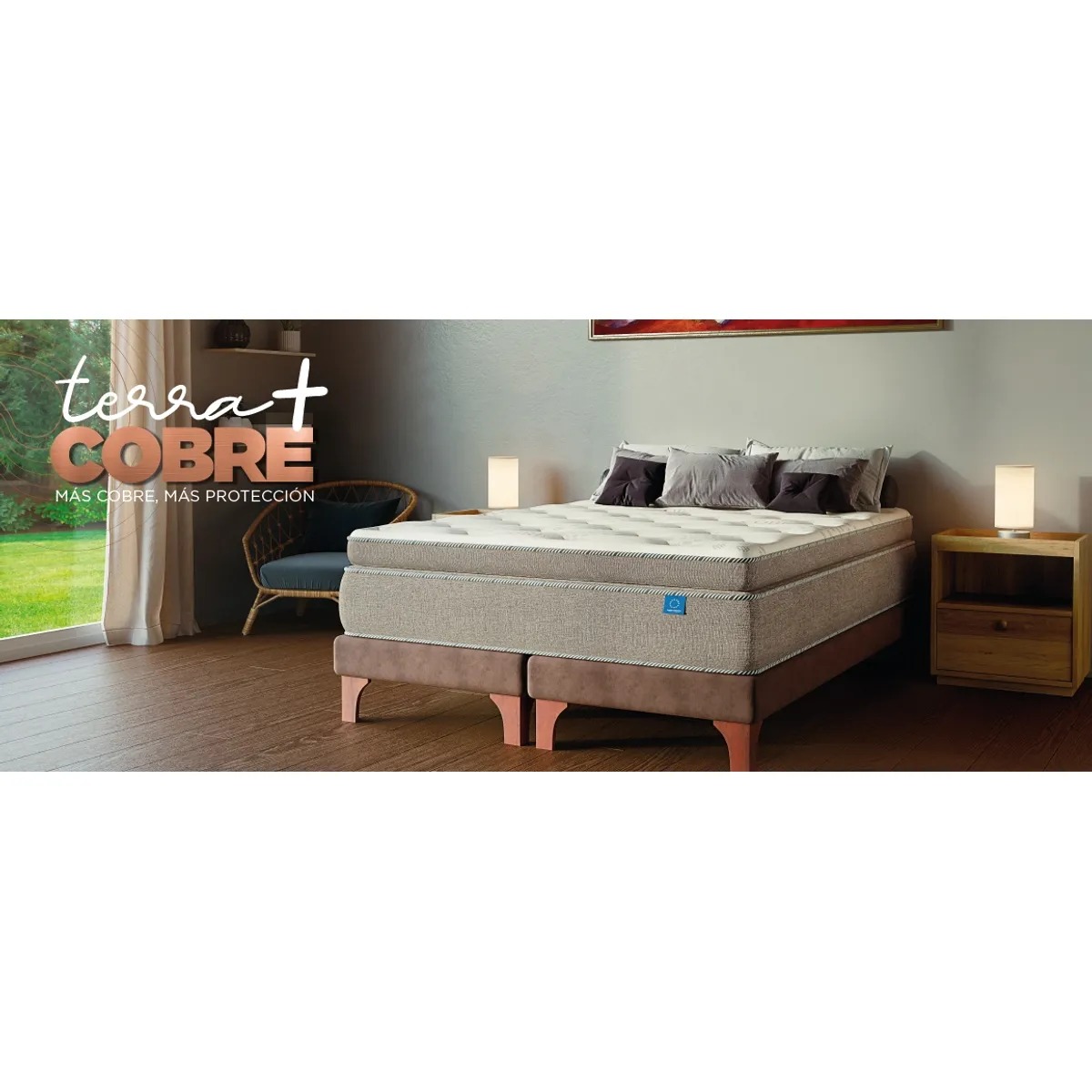 Cama Europea Terra Cobre Flex 2 Plazas + Respaldo + 2 Veladores Flex